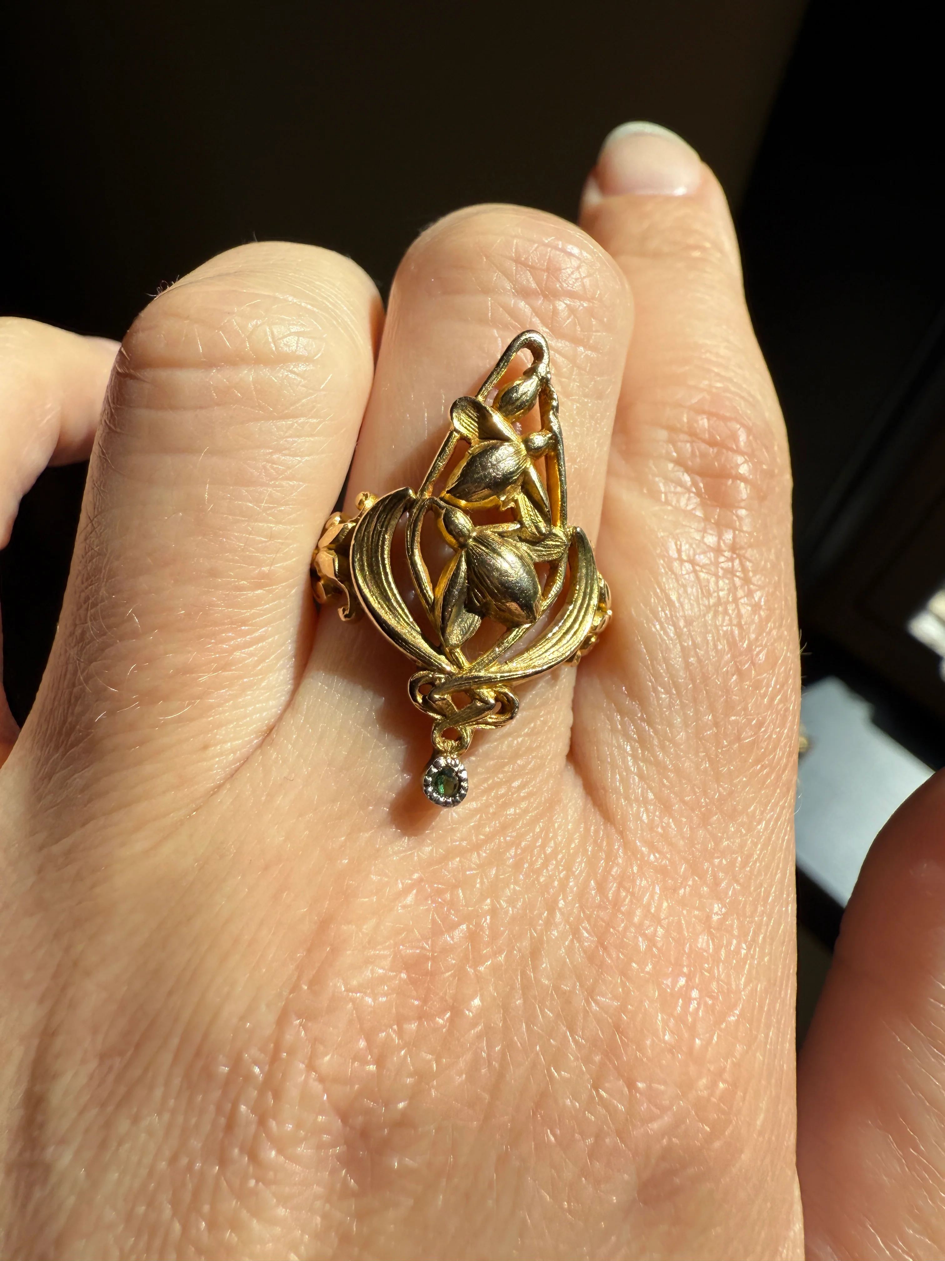 Delicious Floral French Art NOUVEAU Antique Belle Epoque Rose SWIRL Whiplash 18k Gold Ring Large 1.1" - Image 22