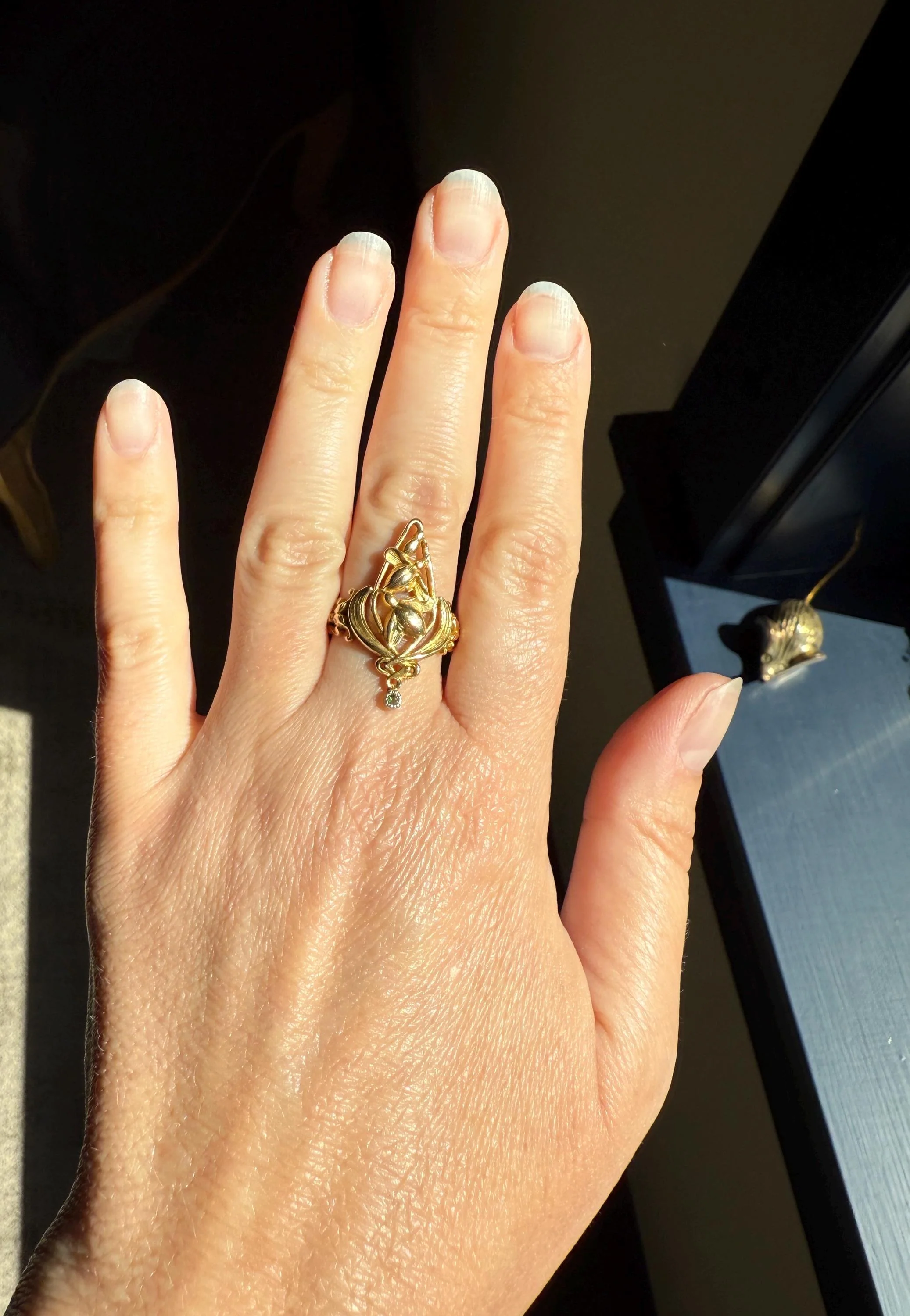 Delicious Floral French Art NOUVEAU Antique Belle Epoque Rose SWIRL Whiplash 18k Gold Ring Large 1.1" - Image 3