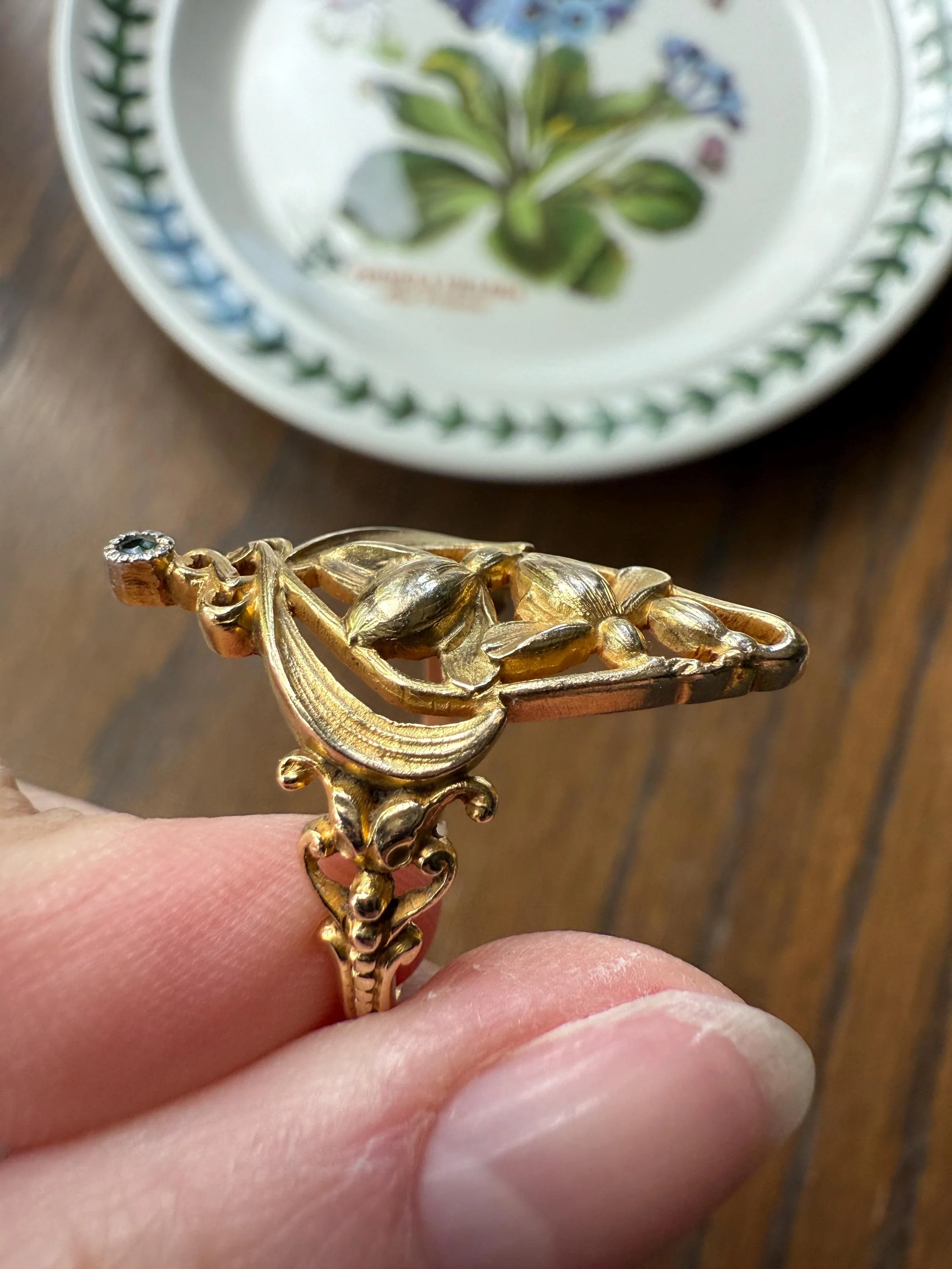 Delicious Floral French Art NOUVEAU Antique Belle Epoque Rose SWIRL Whiplash 18k Gold Ring Large 1.1" - Image 8