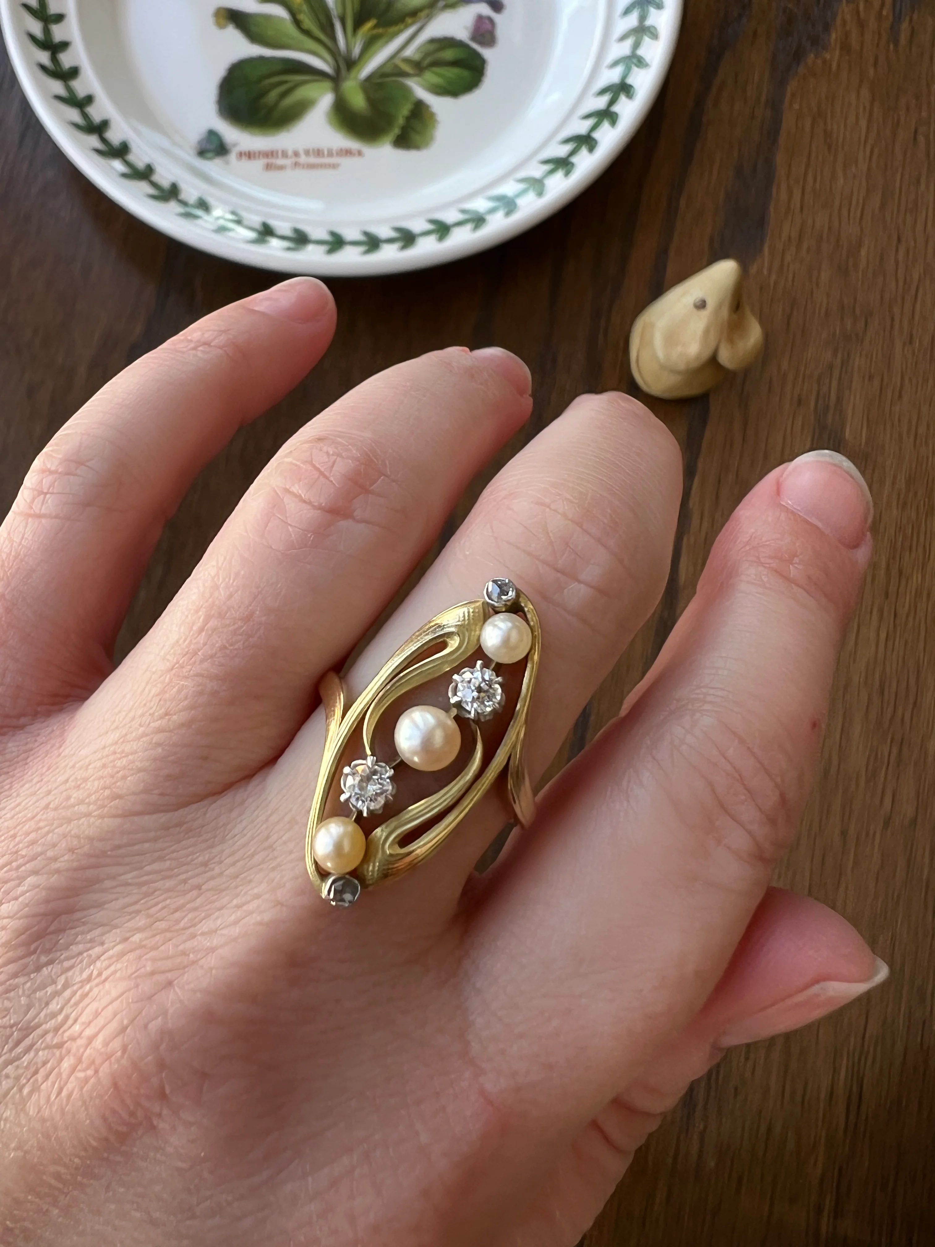 Delicious French Art NOUVEAU Antique Belle Epoque Rose Old Mine Cut DIAMOND Pearl SWIRL Whiplash 18k Gold Ring - Image 13