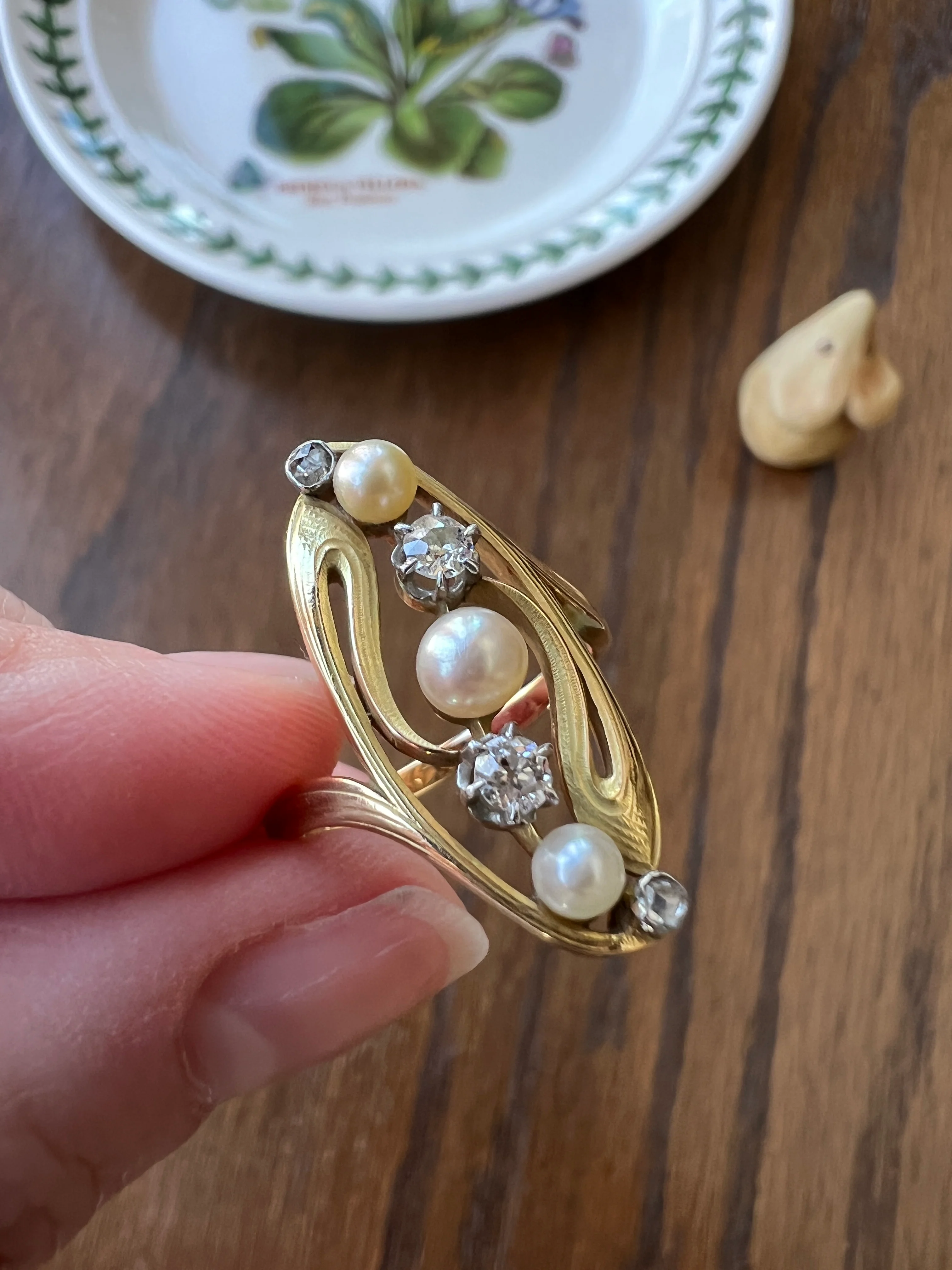 Delicious French Art NOUVEAU Antique Belle Epoque Rose Old Mine Cut DIAMOND Pearl SWIRL Whiplash 18k Gold Ring - Image 14