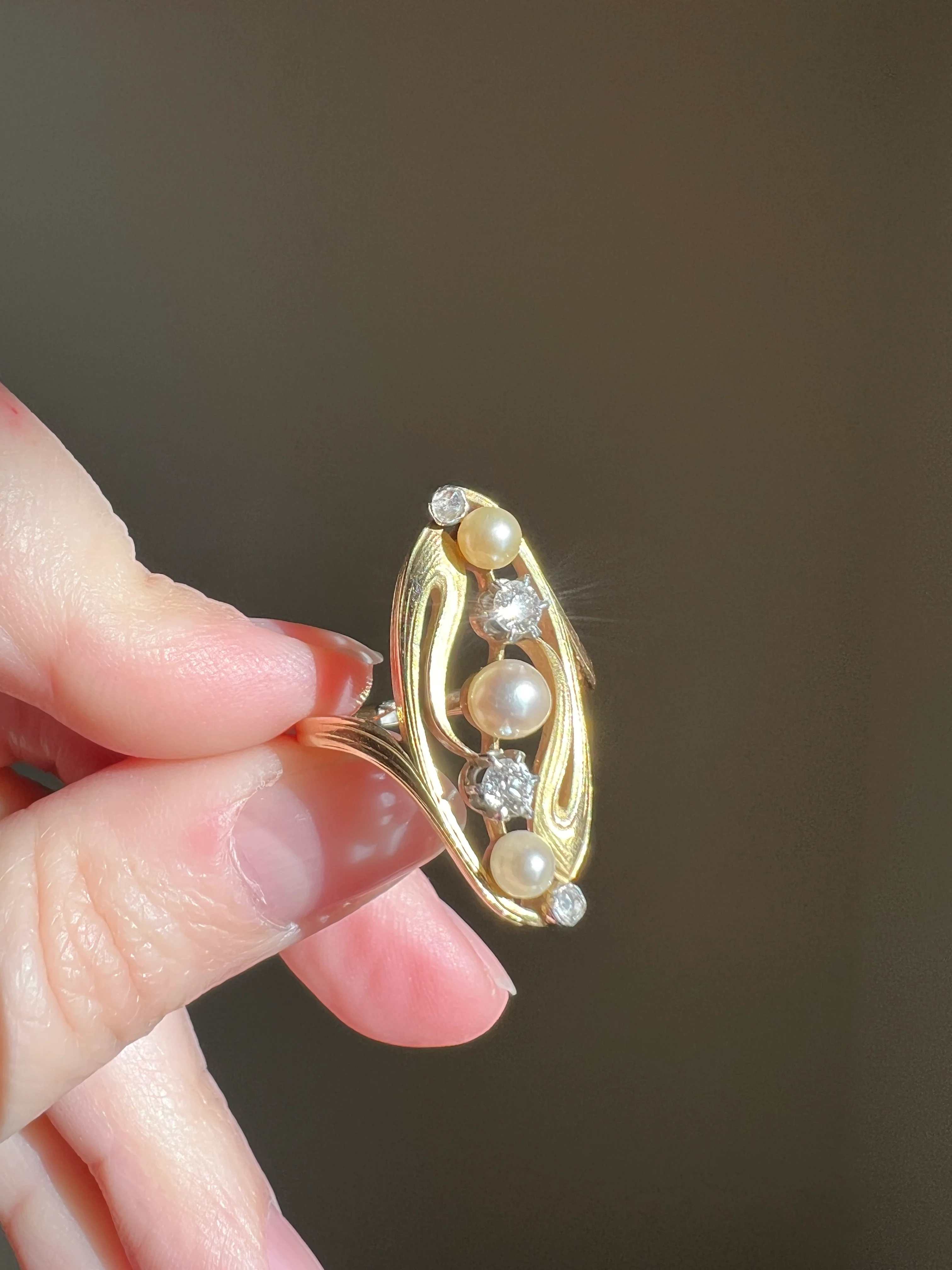 Delicious French Art NOUVEAU Antique Belle Epoque Rose Old Mine Cut DIAMOND Pearl SWIRL Whiplash 18k Gold Ring - Image 15