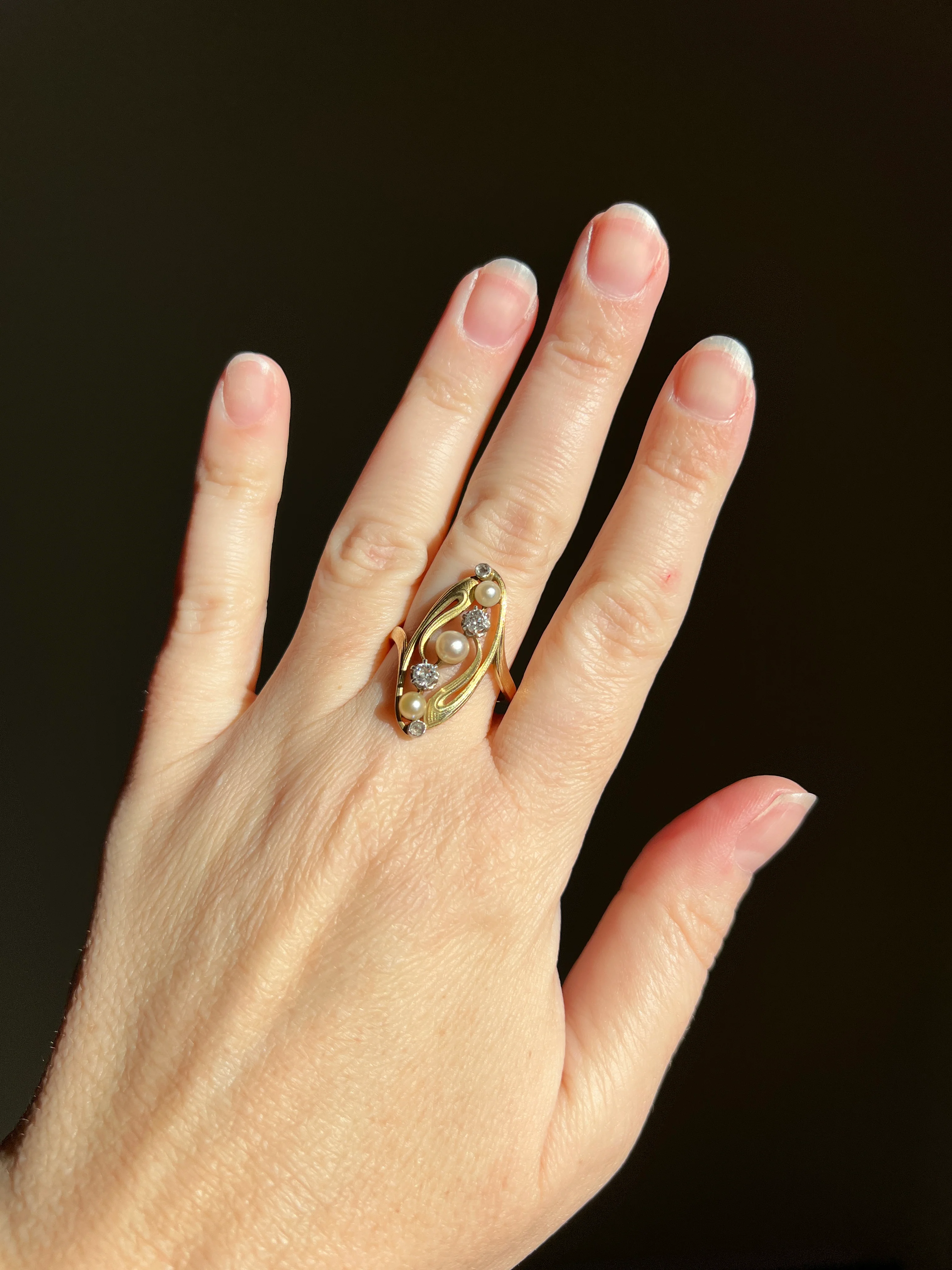 Delicious French Art NOUVEAU Antique Belle Epoque Rose Old Mine Cut DIAMOND Pearl SWIRL Whiplash 18k Gold Ring - Image 16