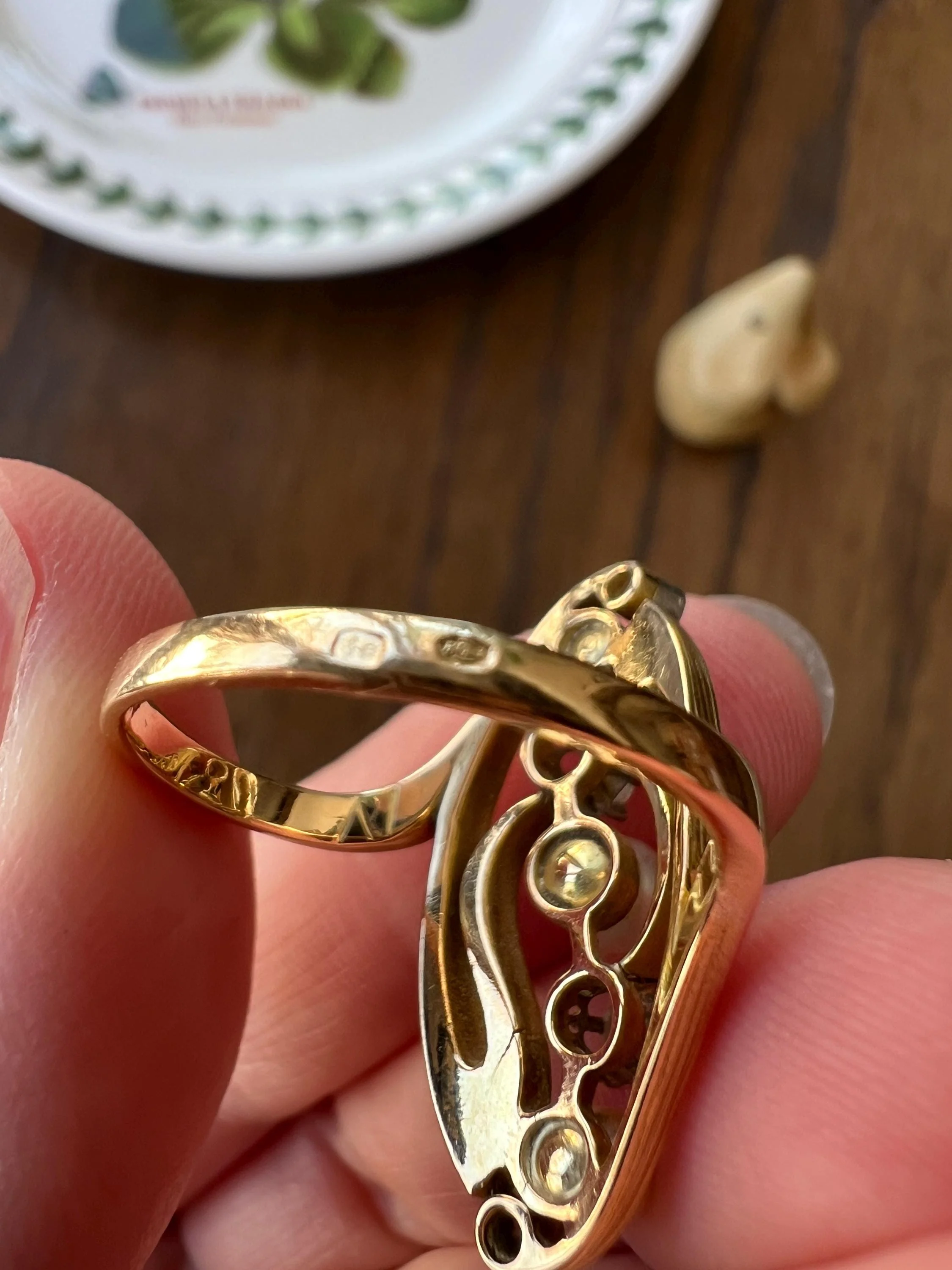 Delicious French Art NOUVEAU Antique Belle Epoque Rose Old Mine Cut DIAMOND Pearl SWIRL Whiplash 18k Gold Ring - Image 5
