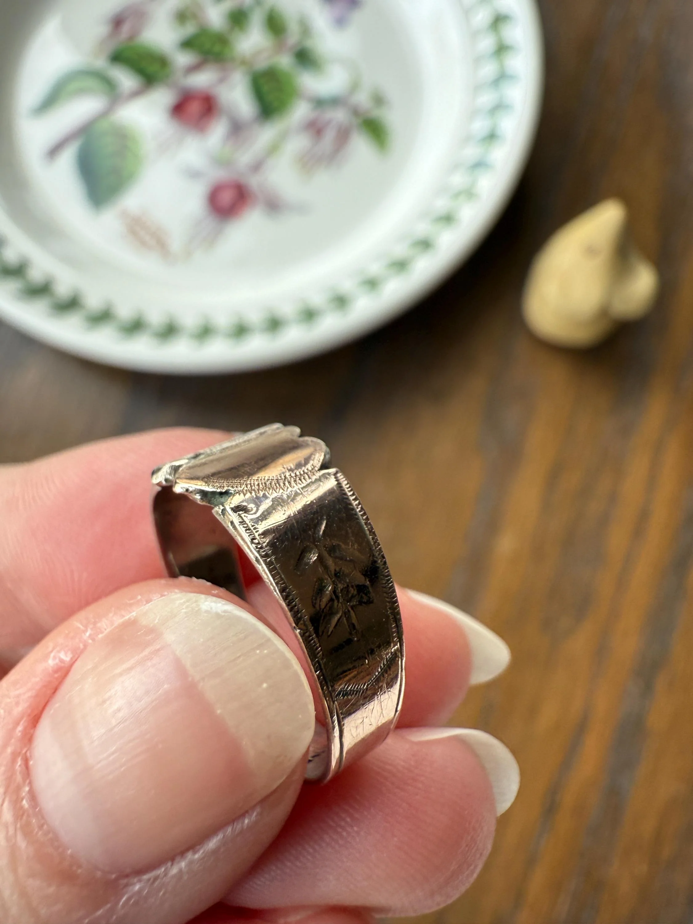 DOUBLE HEART c1896 Figural Sterling Silver & Rose Gold Cased Romantic Peasant Class Wedding Cigar Band Betrothal Ring Stacker Engraved - Image 10