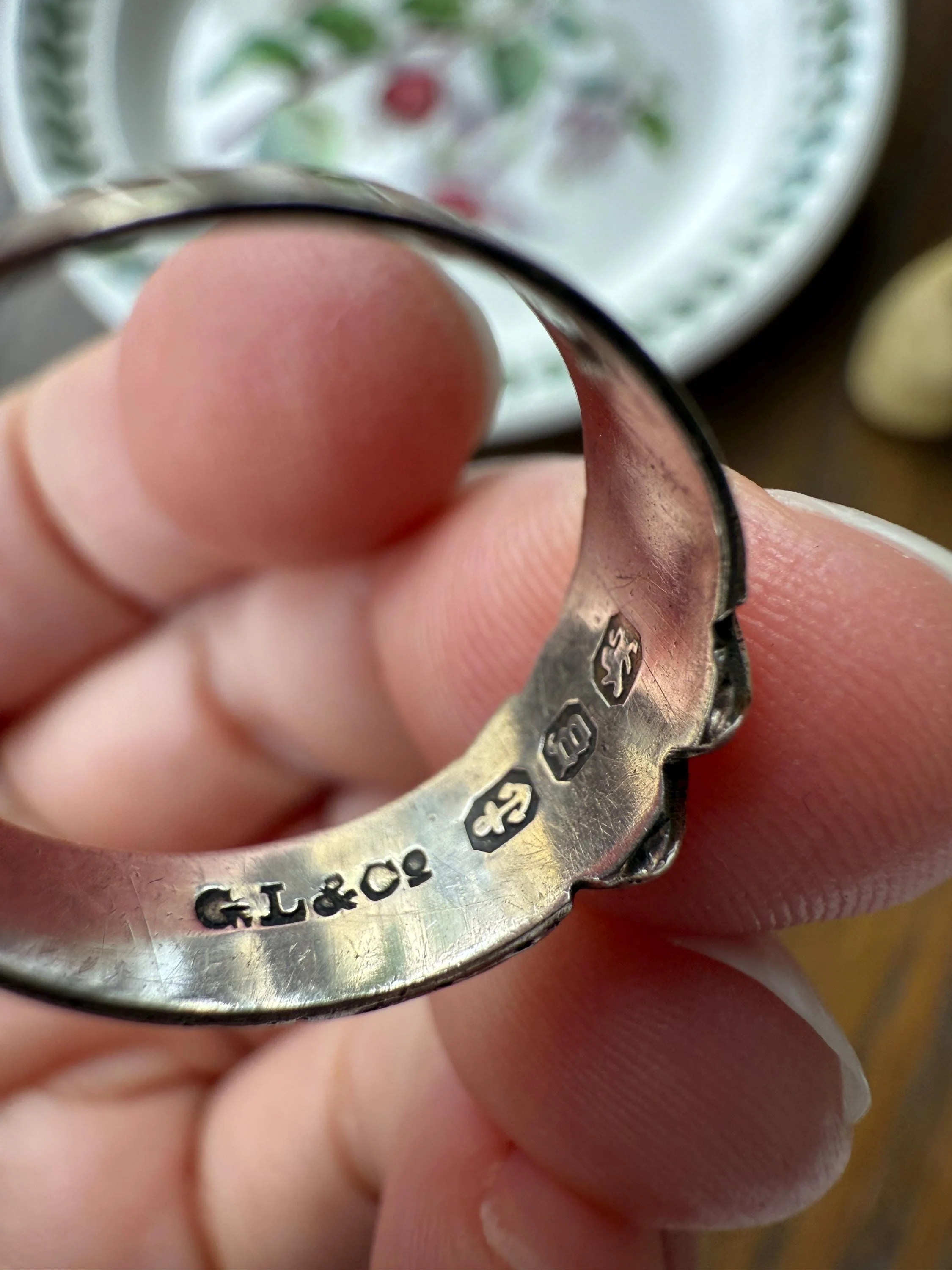 DOUBLE HEART c1896 Figural Sterling Silver & Rose Gold Cased Romantic Peasant Class Wedding Cigar Band Betrothal Ring Stacker Engraved - Image 12