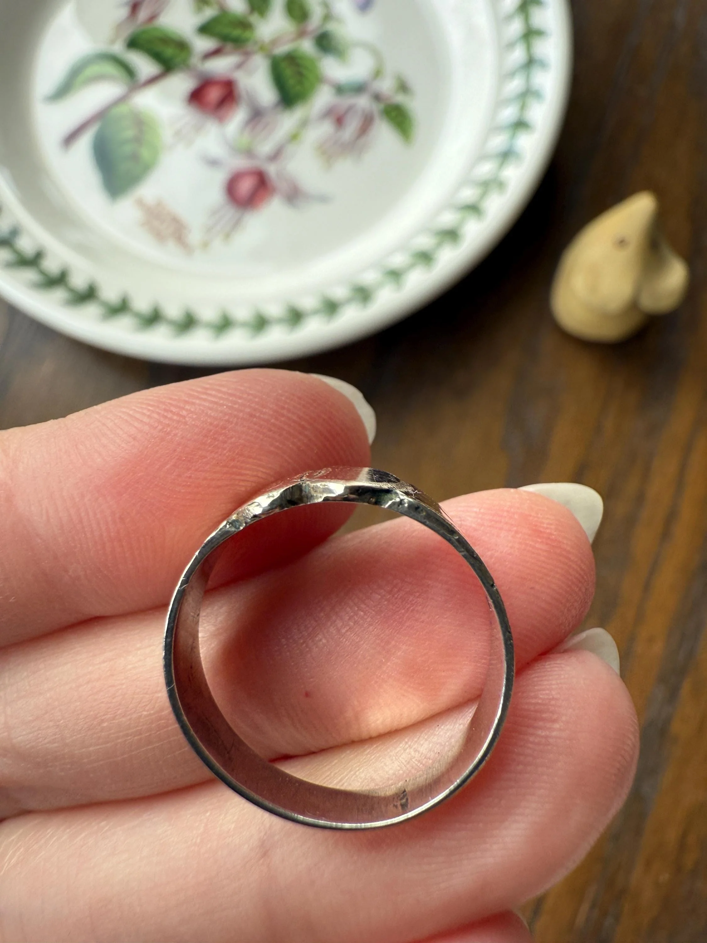 DOUBLE HEART c1896 Figural Sterling Silver & Rose Gold Cased Romantic Peasant Class Wedding Cigar Band Betrothal Ring Stacker Engraved - Image 15
