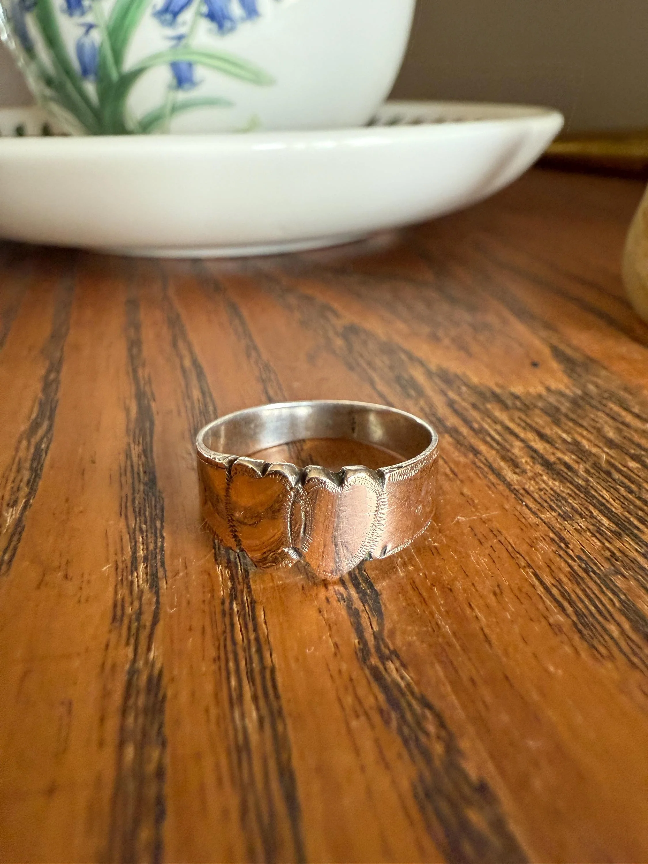 DOUBLE HEART c1896 Figural Sterling Silver & Rose Gold Cased Romantic Peasant Class Wedding Cigar Band Betrothal Ring Stacker Engraved - Image 17