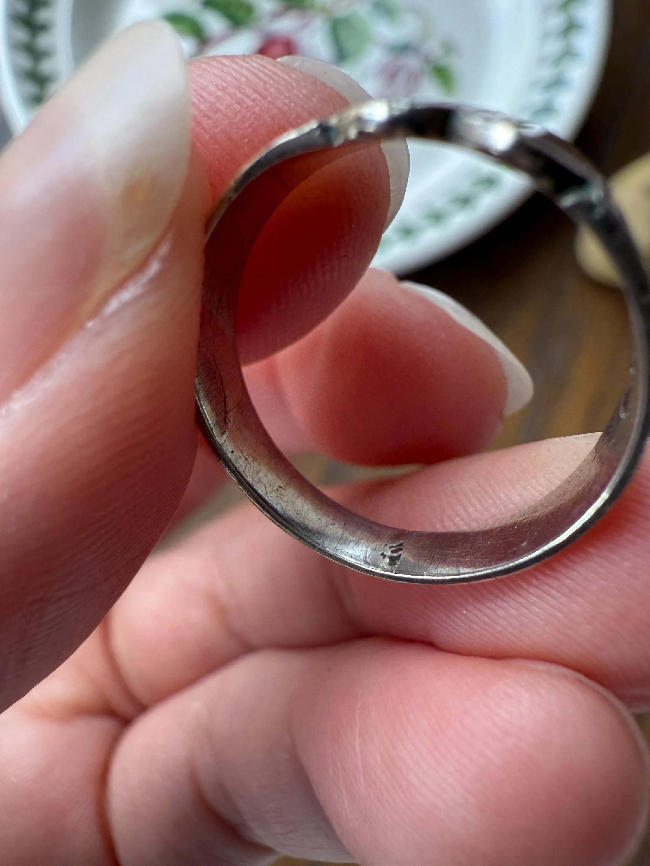 DOUBLE HEART c1896 Figural Sterling Silver & Rose Gold Cased Romantic Peasant Class Wedding Cigar Band Betrothal Ring Stacker Engraved - Image 19