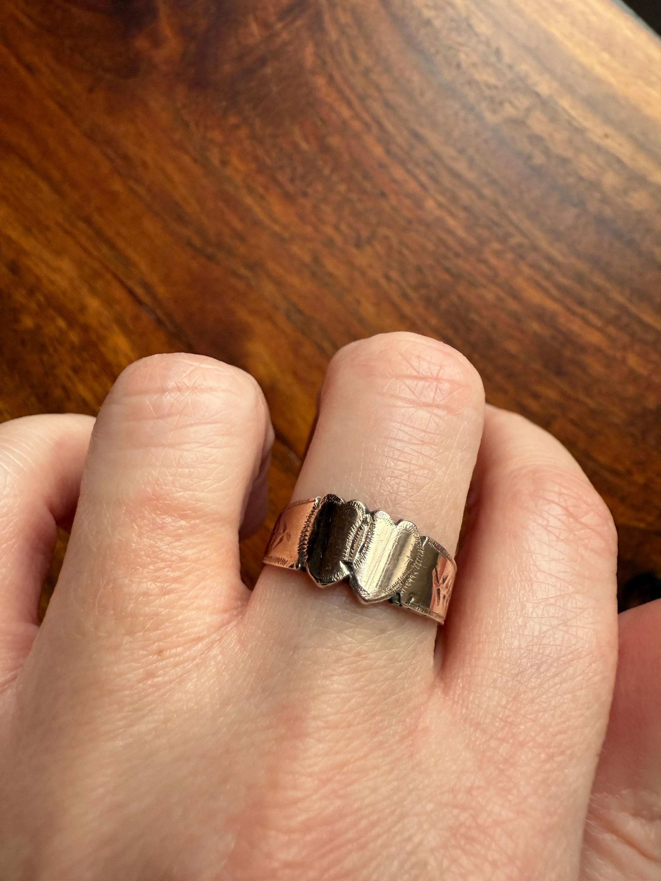DOUBLE HEART c1896 Figural Sterling Silver & Rose Gold Cased Romantic Peasant Class Wedding Cigar Band Betrothal Ring Stacker Engraved - Image 2