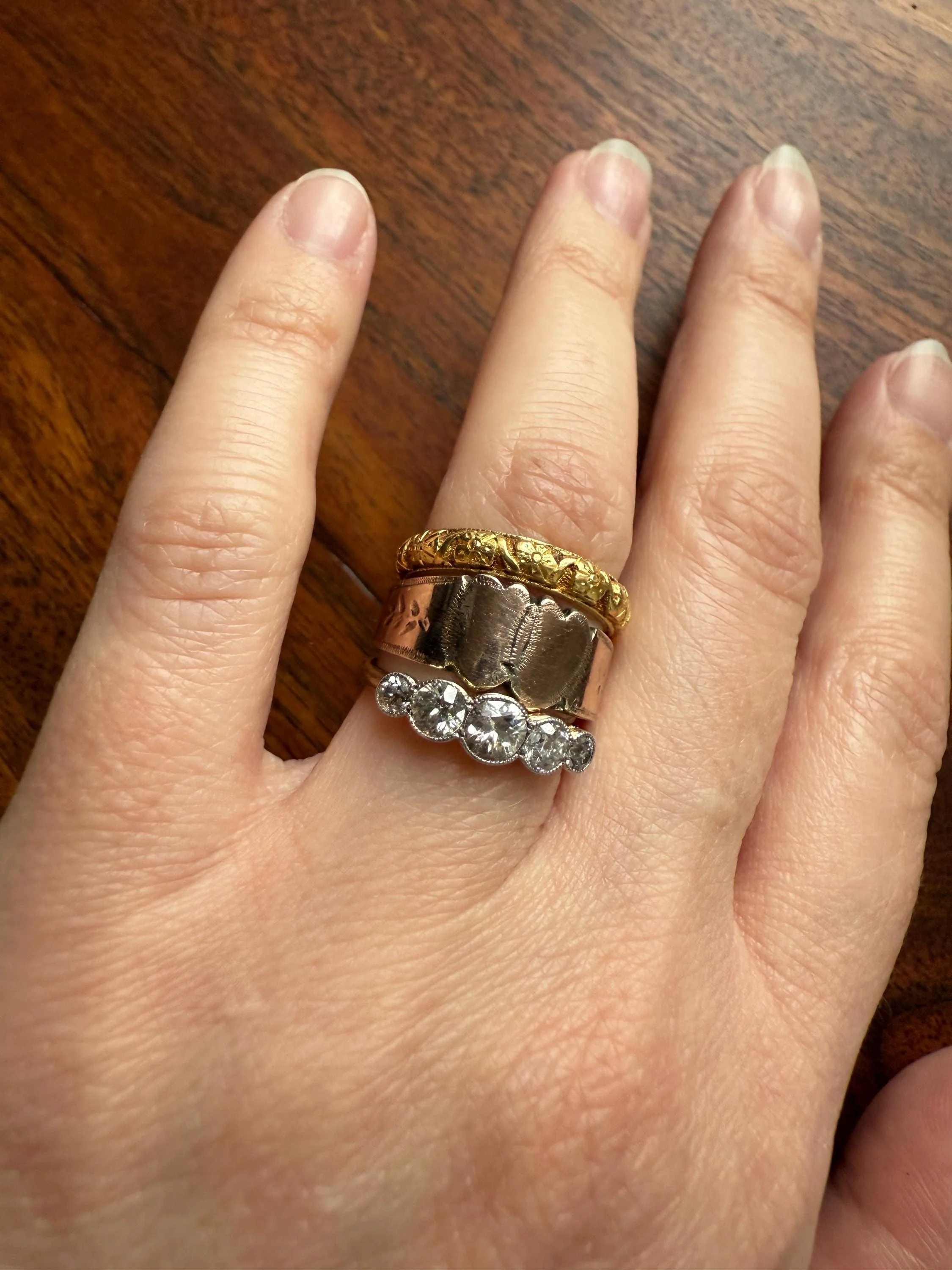 DOUBLE HEART c1896 Figural Sterling Silver & Rose Gold Cased Romantic Peasant Class Wedding Cigar Band Betrothal Ring Stacker Engraved - Image 4