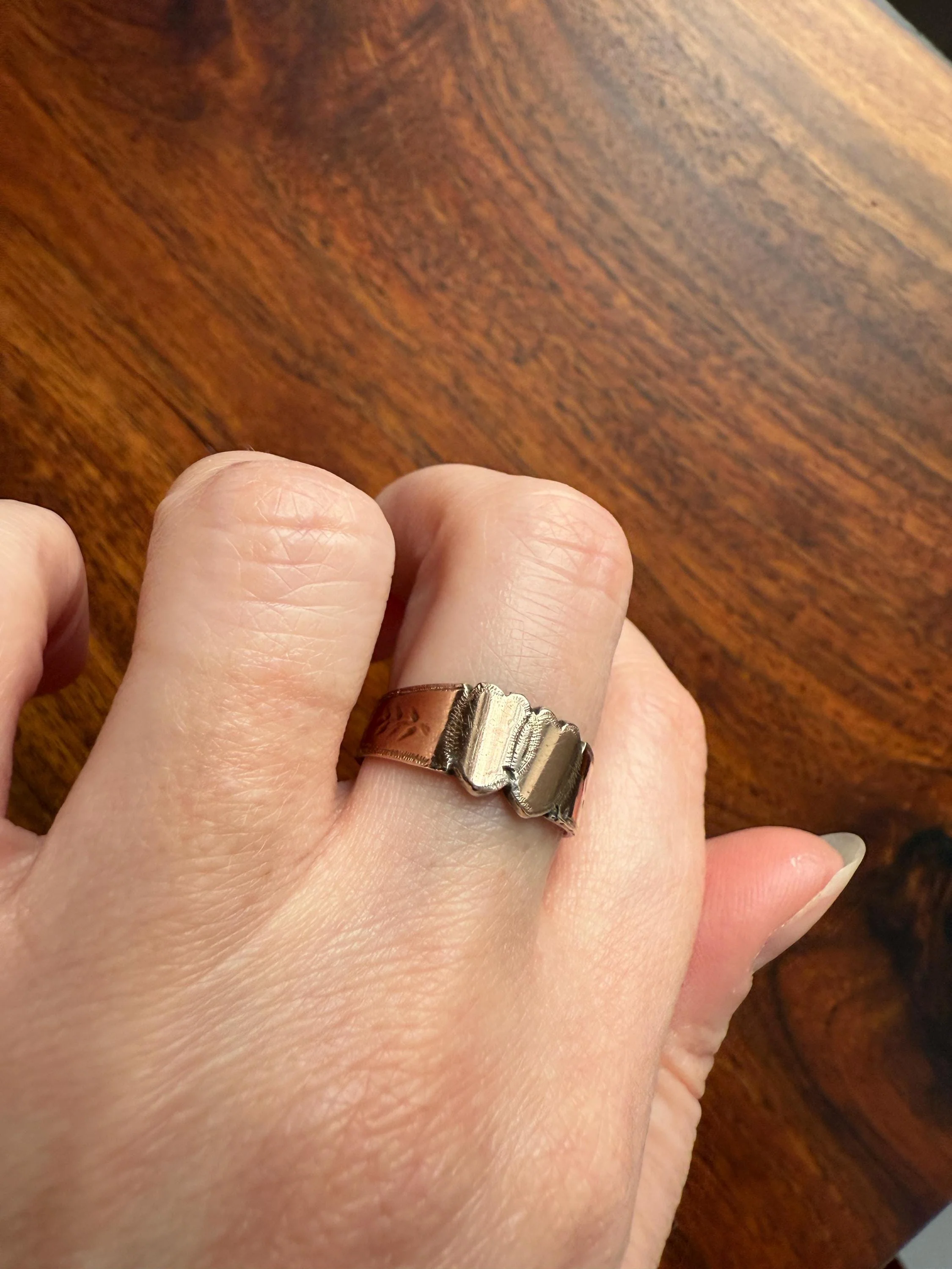 DOUBLE HEART c1896 Figural Sterling Silver & Rose Gold Cased Romantic Peasant Class Wedding Cigar Band Betrothal Ring Stacker Engraved - Image 6