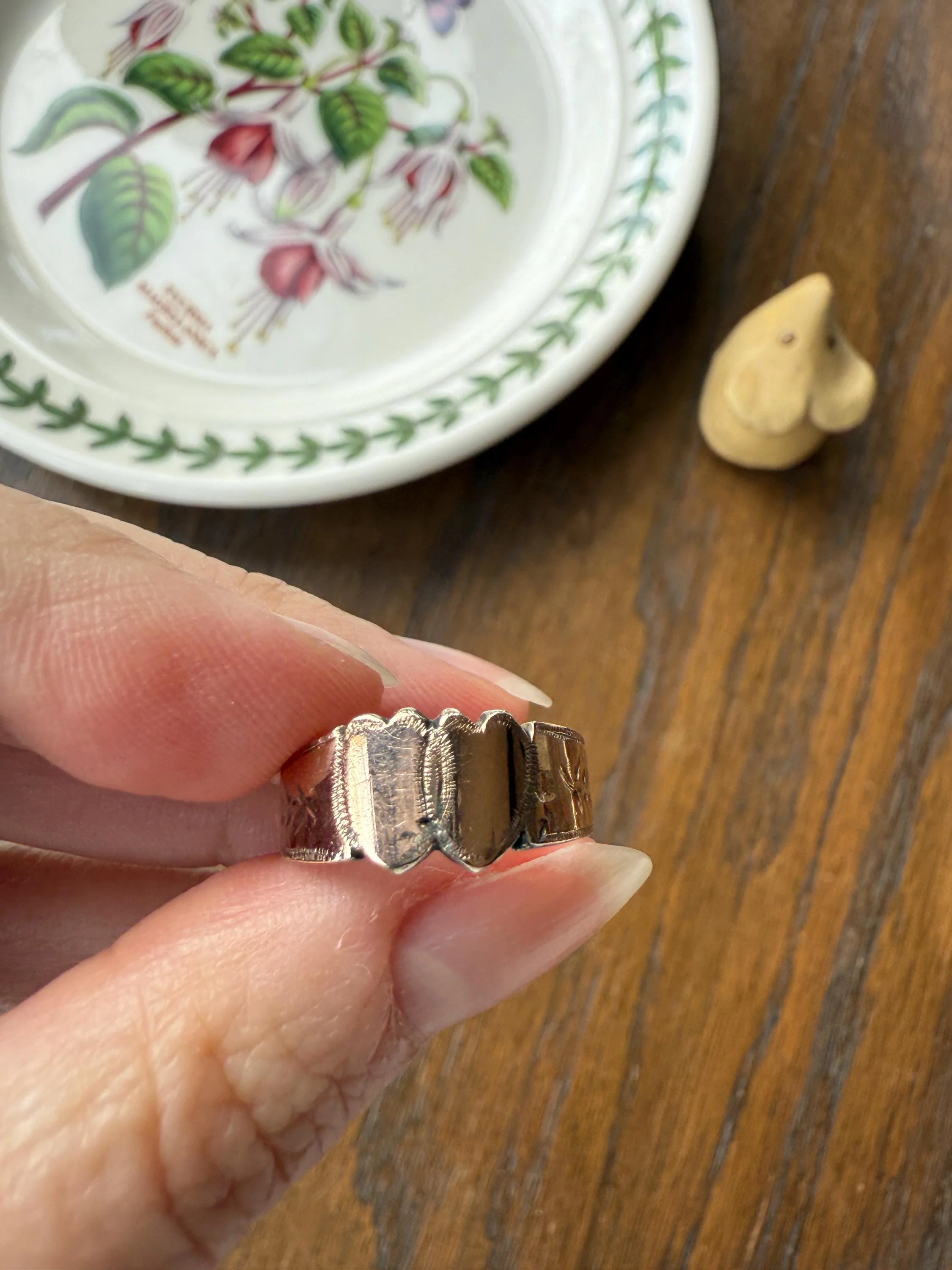 DOUBLE HEART c1896 Figural Sterling Silver & Rose Gold Cased Romantic Peasant Class Wedding Cigar Band Betrothal Ring Stacker Engraved - Image 7