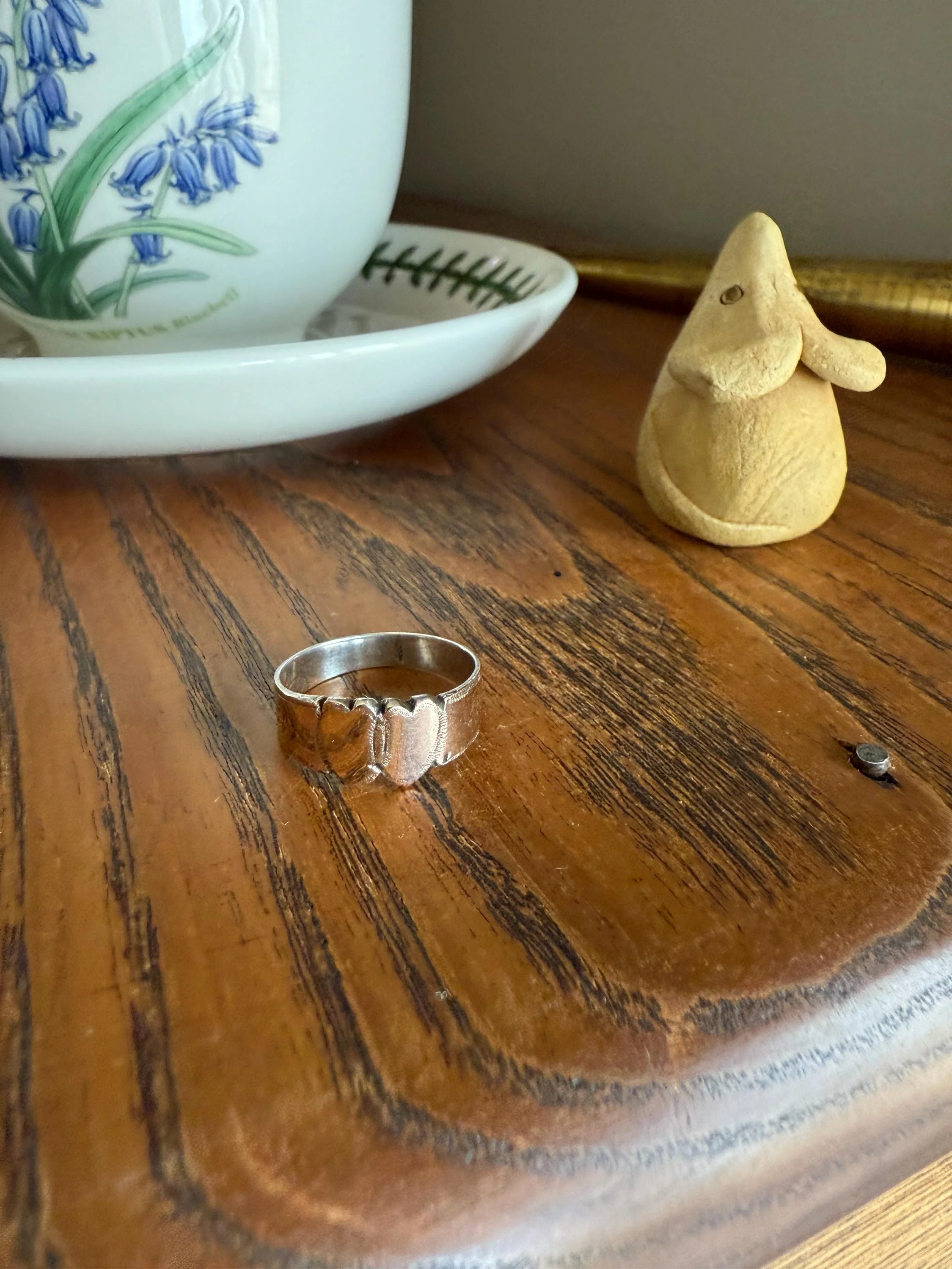 DOUBLE HEART c1896 Figural Sterling Silver & Rose Gold Cased Romantic Peasant Class Wedding Cigar Band Betrothal Ring Stacker Engraved - Image 9