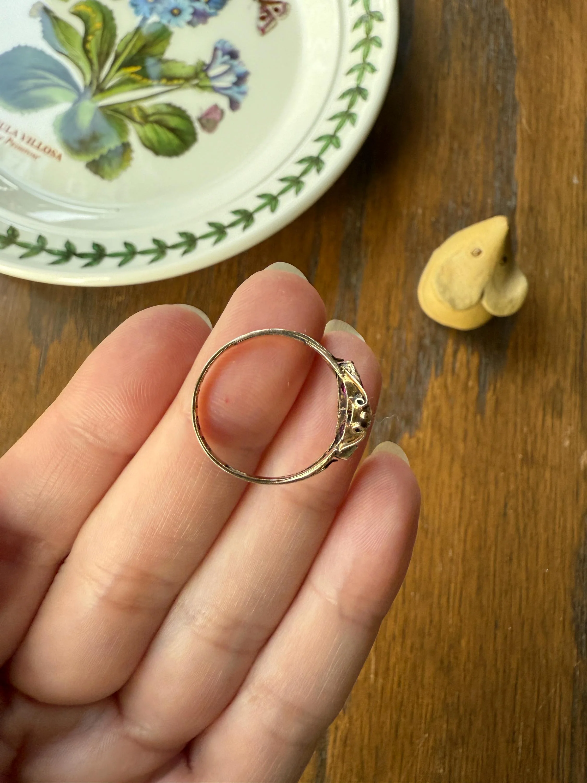 Double HEART Cut Purple GARNET Antique c1862 Love Ring Antique 12k Gold Glowing Figural Band Stacker Victorian - Image 10