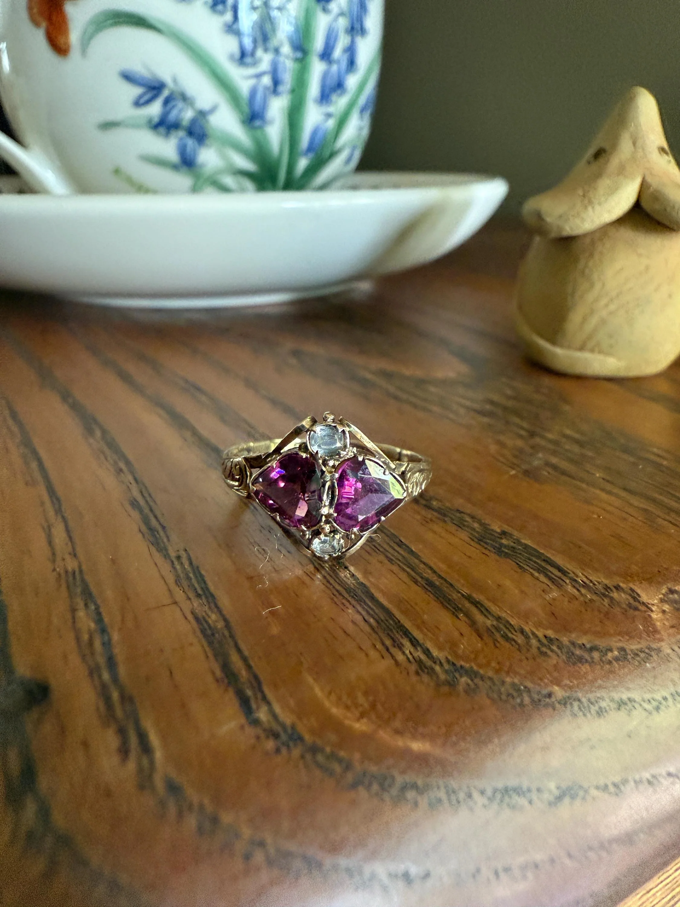Double HEART Cut Purple GARNET Antique c1862 Love Ring Antique 12k Gold Glowing Figural Band Stacker Victorian - Image 11
