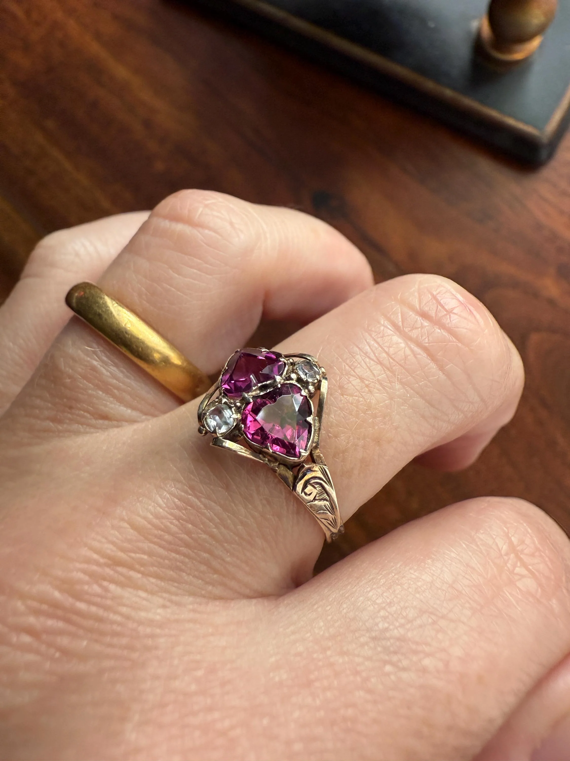 Double HEART Cut Purple GARNET Antique c1862 Love Ring Antique 12k Gold Glowing Figural Band Stacker Victorian - Image 2