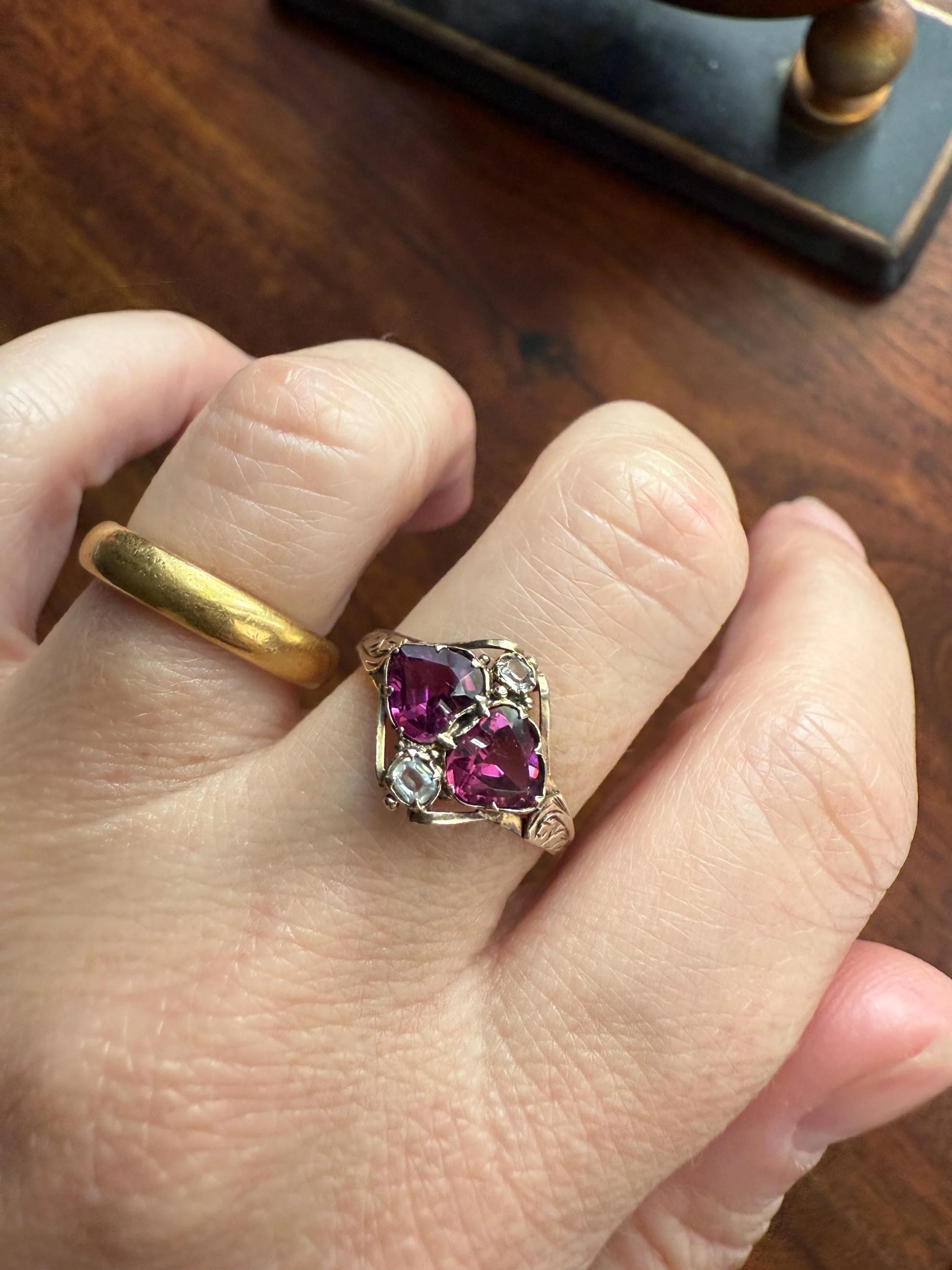Double HEART Cut Purple GARNET Antique c1862 Love Ring Antique 12k Gold Glowing Figural Band Stacker Victorian - Image 3