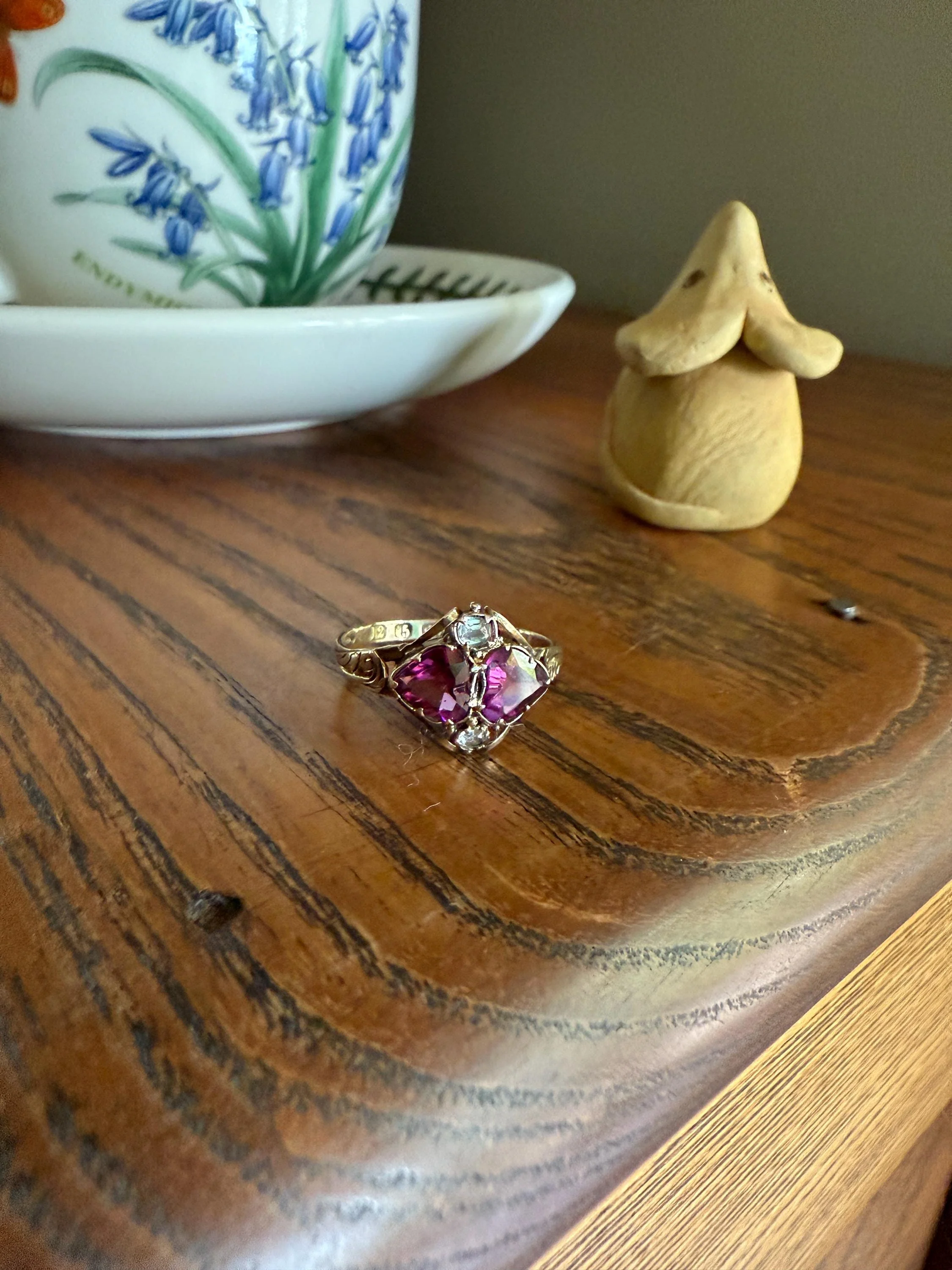 Double HEART Cut Purple GARNET Antique c1862 Love Ring Antique 12k Gold Glowing Figural Band Stacker Victorian - Image 4
