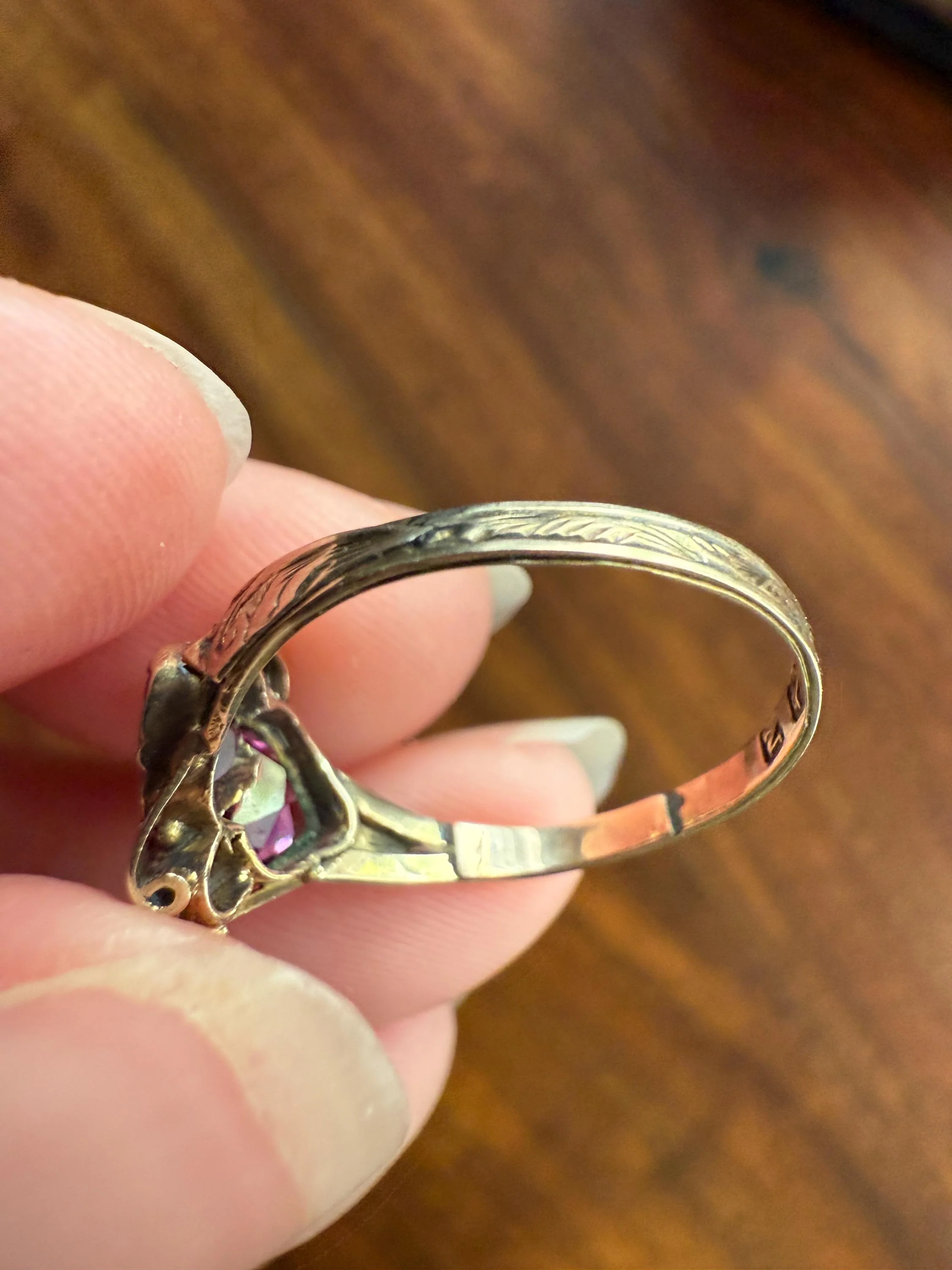 Double HEART Cut Purple GARNET Antique c1862 Love Ring Antique 12k Gold Glowing Figural Band Stacker Victorian - Image 9