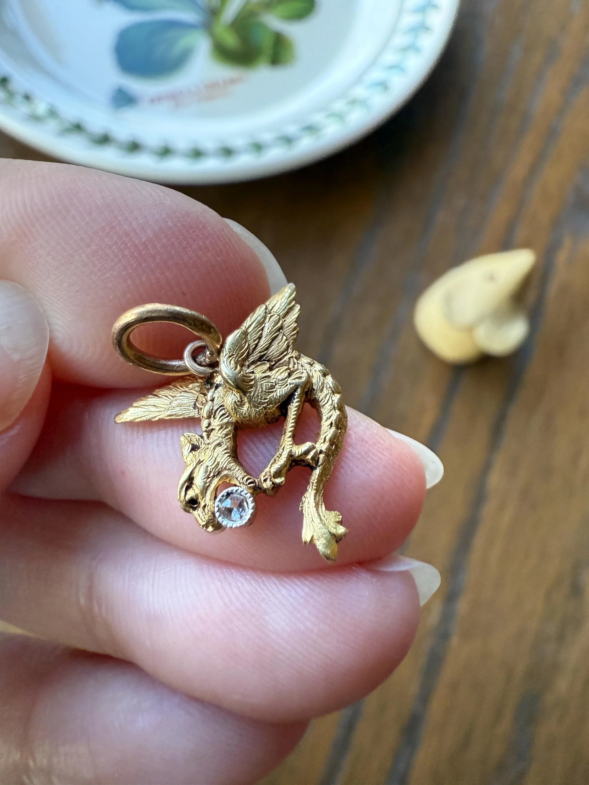 DRAGON 3D French Antique Victorian 18k Gold Solid Rose Cut DIAMOND Figural Flying Pendant Belle Epoque Necklace Bracelet Charm Chimera - Image 3