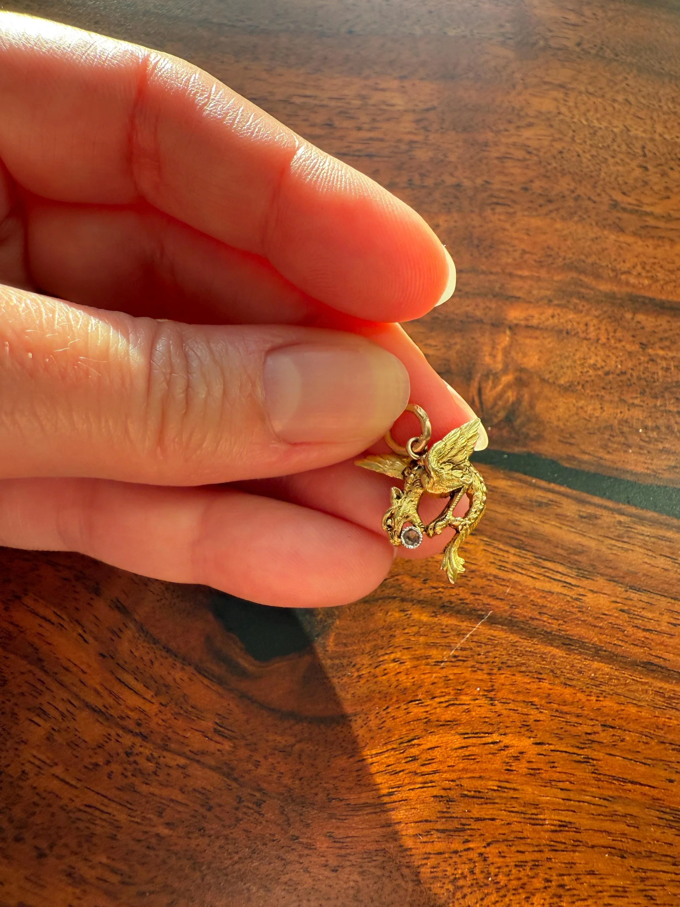 DRAGON 3D French Antique Victorian 18k Gold Solid Rose Cut DIAMOND Figural Flying Pendant Belle Epoque Necklace Bracelet Charm Chimera - Image 5