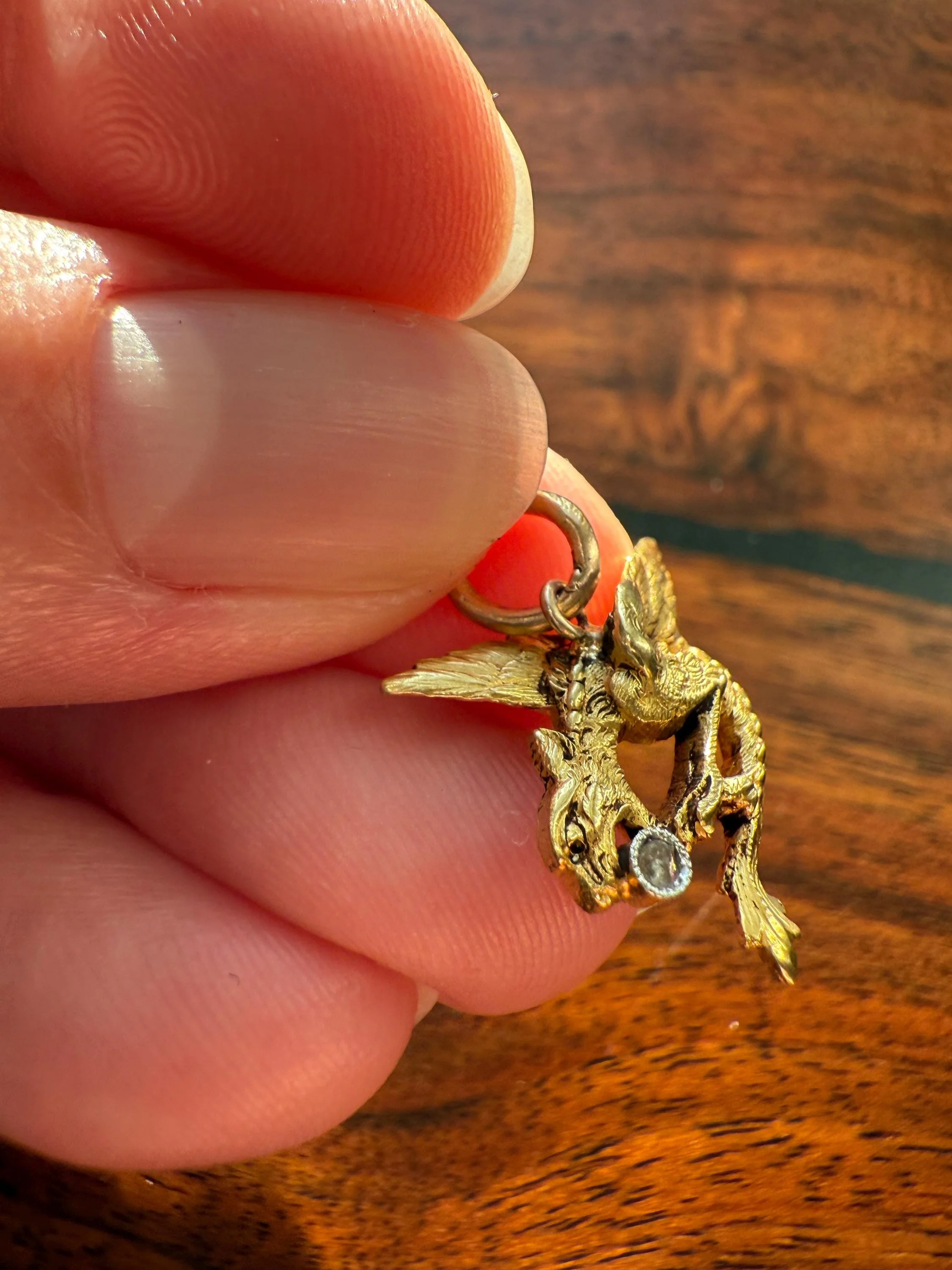 DRAGON 3D French Antique Victorian 18k Gold Solid Rose Cut DIAMOND Figural Flying Pendant Belle Epoque Necklace Bracelet Charm Chimera - Image 7