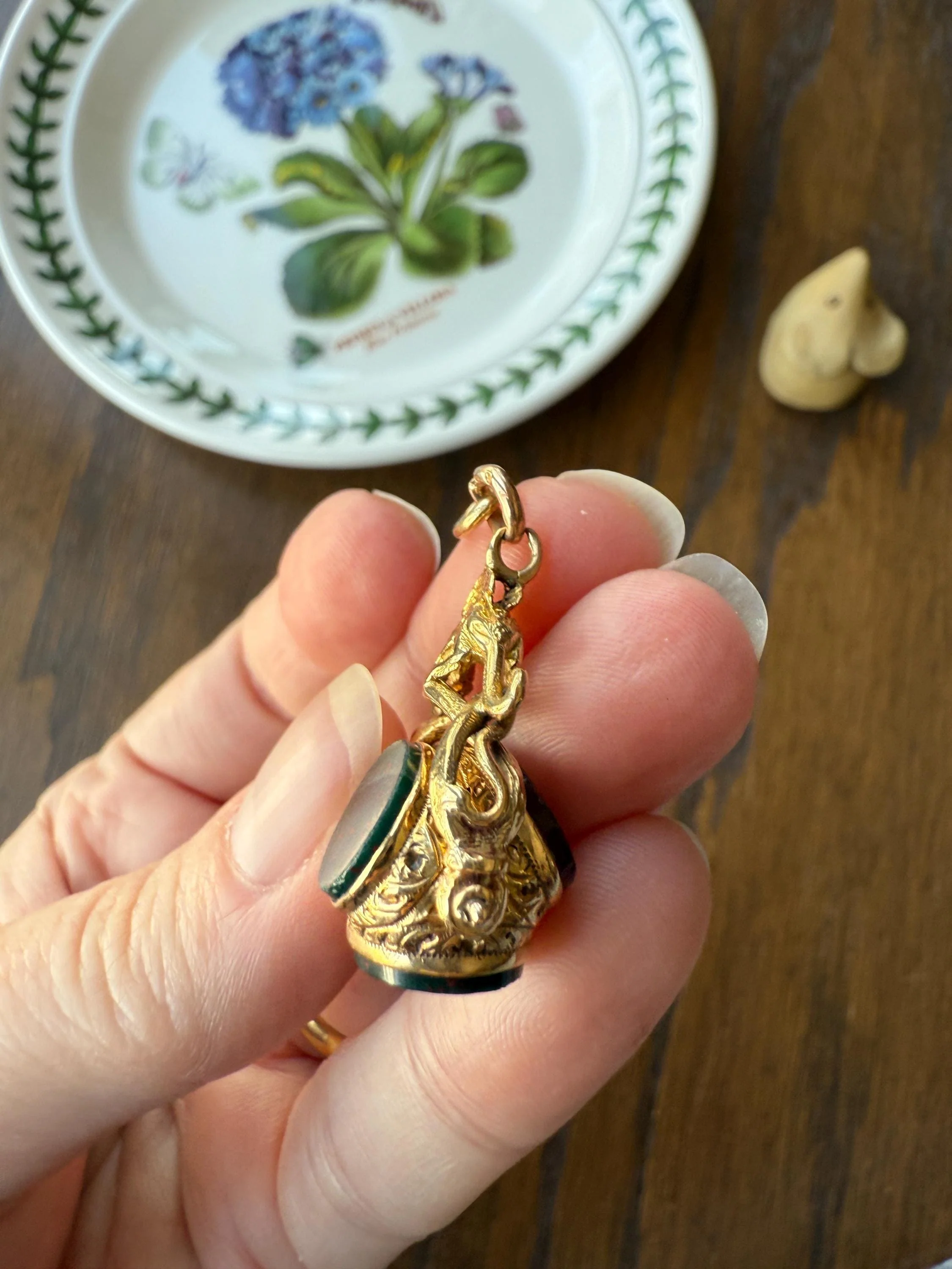 DRAGON 3D Spinner Fob Carnelian Bloodstone Antique 18k Gold Chimera Griffin Winged Lion FIGURAL Pendant Victorian French Belle Epoque - Image 11