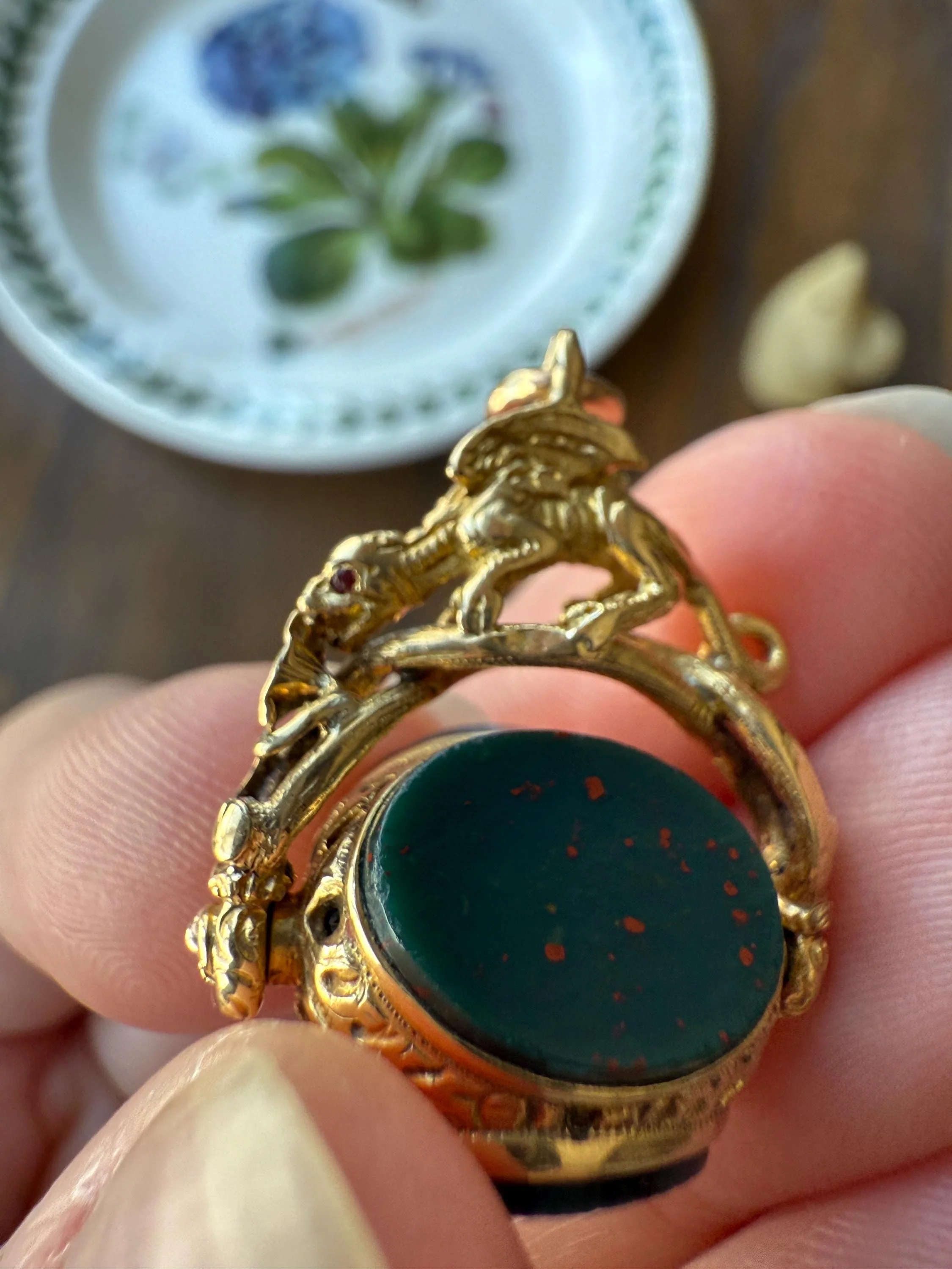 DRAGON 3D Spinner Fob Carnelian Bloodstone Antique 18k Gold Chimera Griffin Winged Lion FIGURAL Pendant Victorian French Belle Epoque - Image 13