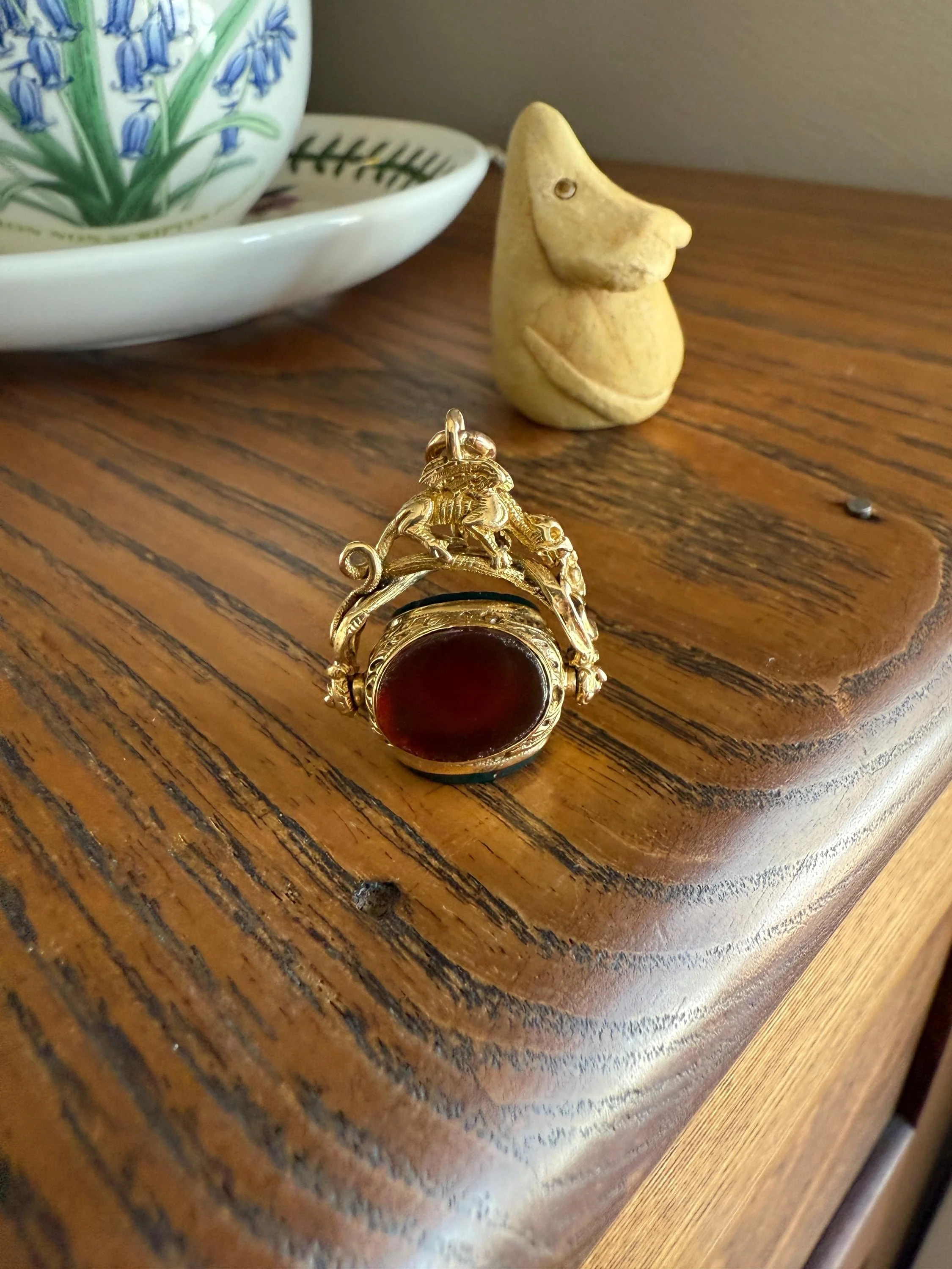 DRAGON 3D Spinner Fob Carnelian Bloodstone Antique 18k Gold Chimera Griffin Winged Lion FIGURAL Pendant Victorian French Belle Epoque - Image 15