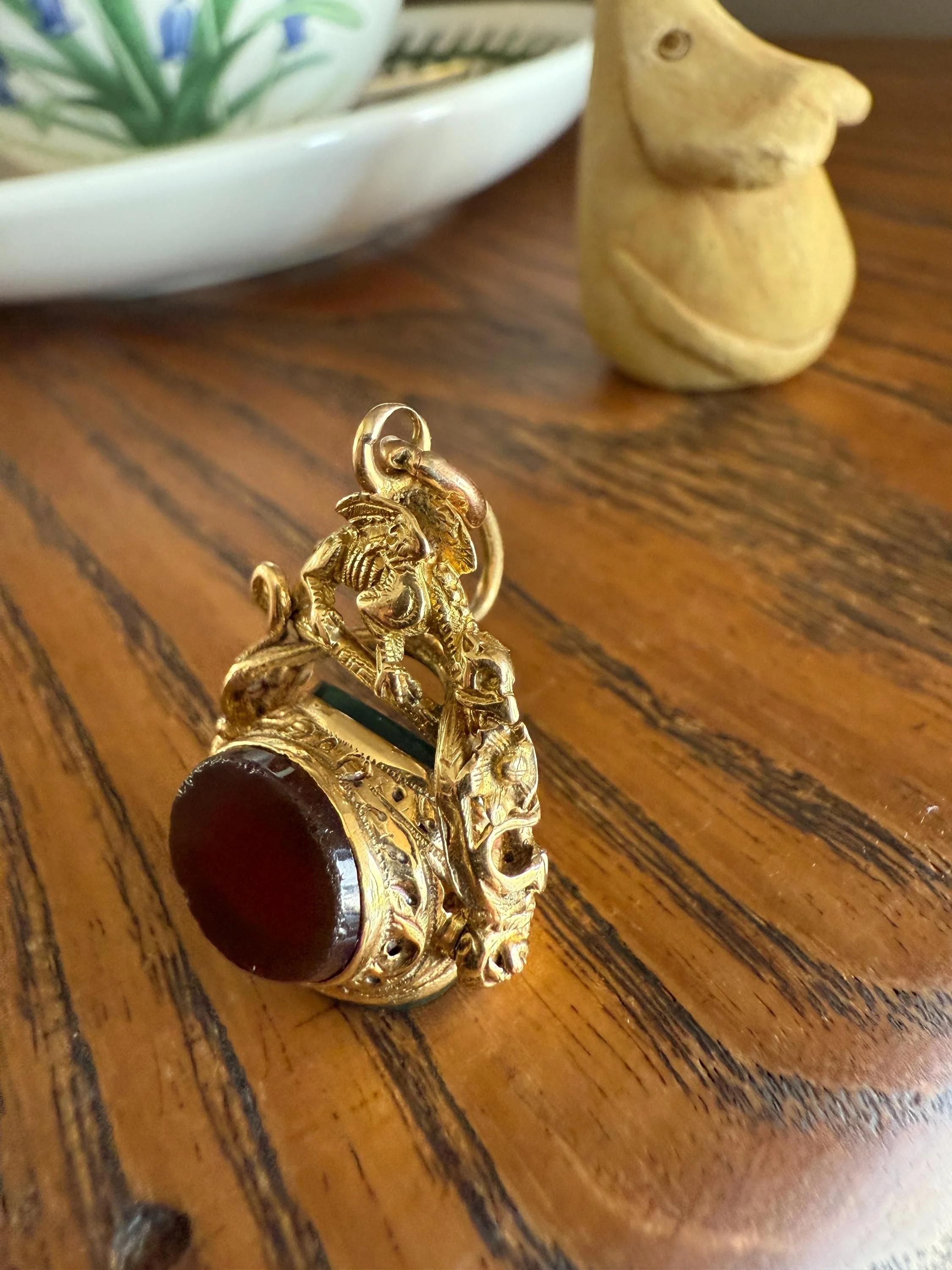 DRAGON 3D Spinner Fob Carnelian Bloodstone Antique 18k Gold Chimera Griffin Winged Lion FIGURAL Pendant Victorian French Belle Epoque - Image 16