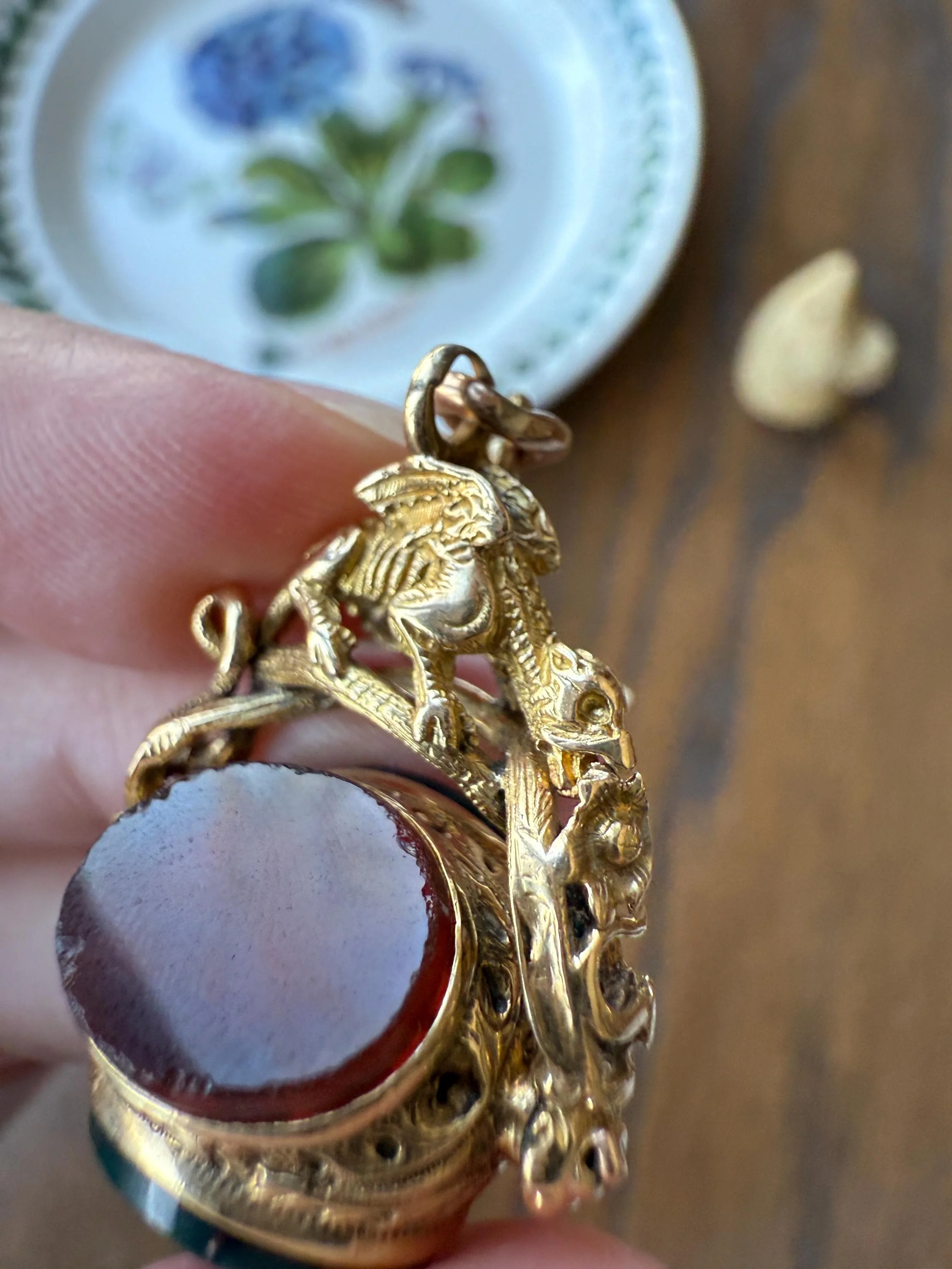 DRAGON 3D Spinner Fob Carnelian Bloodstone Antique 18k Gold Chimera Griffin Winged Lion FIGURAL Pendant Victorian French Belle Epoque - Image 5
