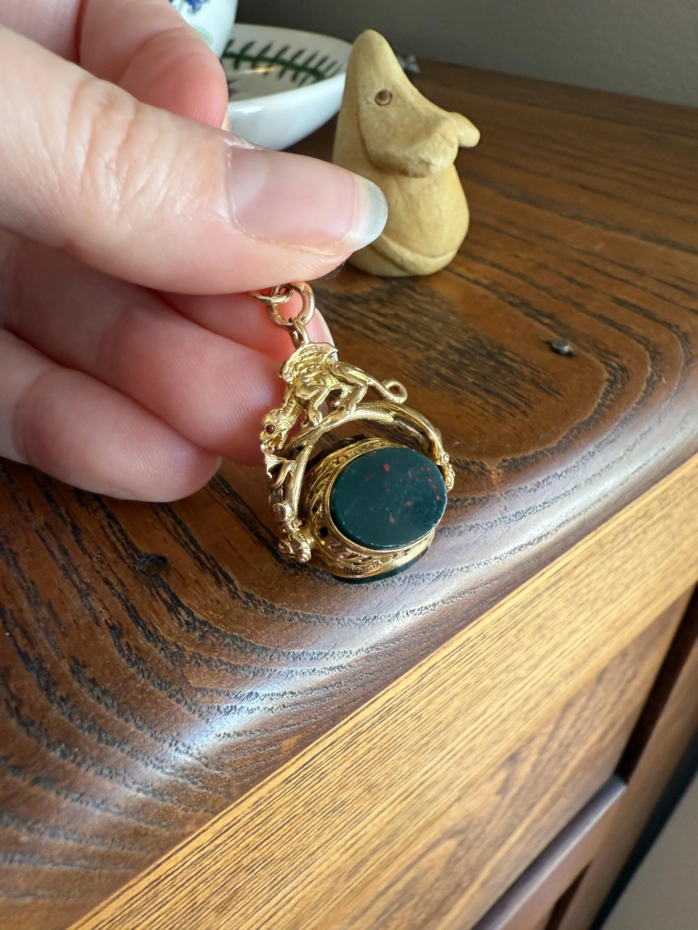 DRAGON 3D Spinner Fob Carnelian Bloodstone Antique 18k Gold Chimera Griffin Winged Lion FIGURAL Pendant Victorian French Belle Epoque - Image 7