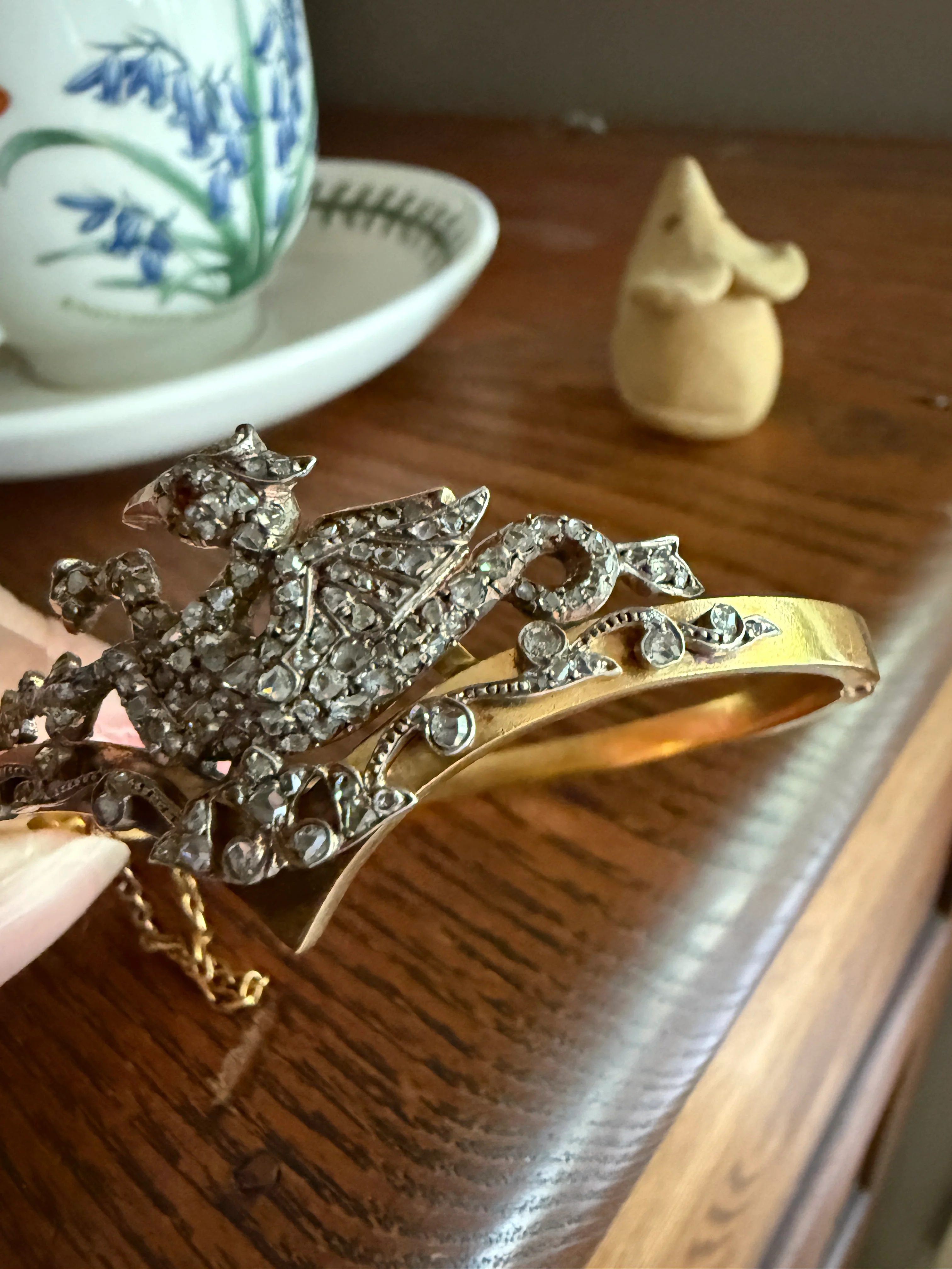 DRAGON Rare One of a Kind Antique Figural 130+ Rose Cut Diamond BANGLE Bracelet French Victorian 18k Gold Silver Chimera Phoenix - Image 11