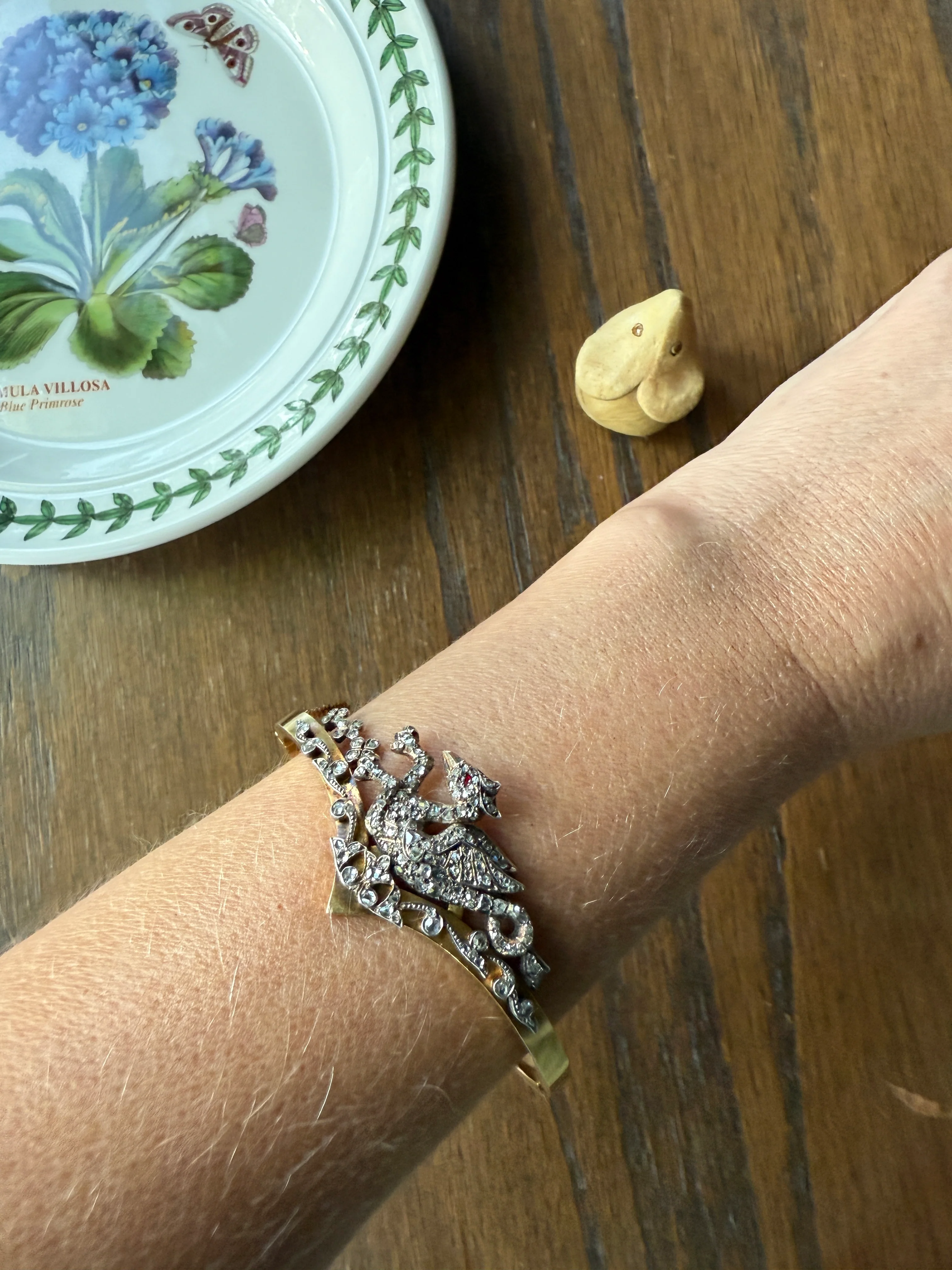 DRAGON Rare One of a Kind Antique Figural 130+ Rose Cut Diamond BANGLE Bracelet French Victorian 18k Gold Silver Chimera Phoenix - Image 13