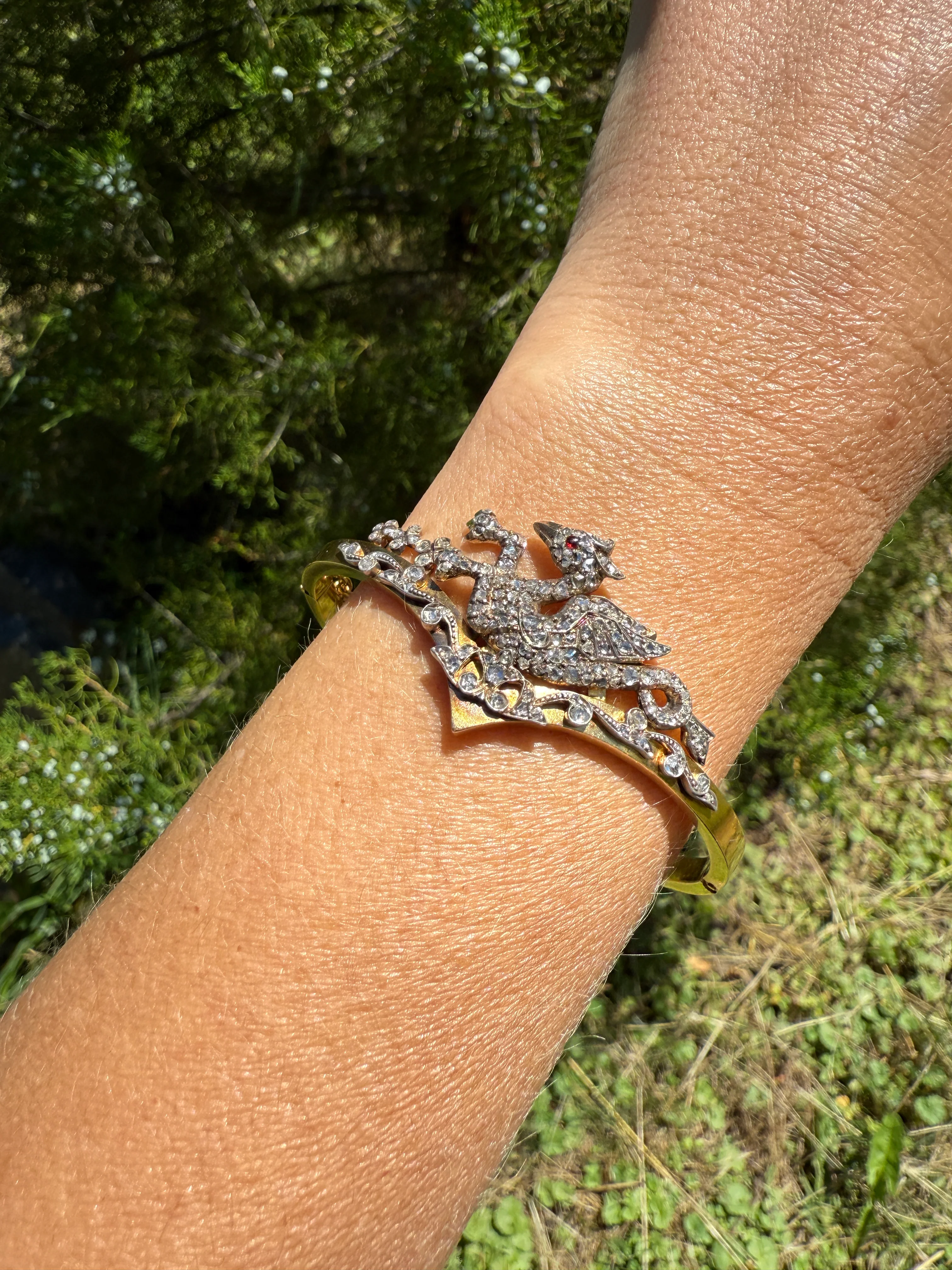 DRAGON Rare One of a Kind Antique Figural 130+ Rose Cut Diamond BANGLE Bracelet French Victorian 18k Gold Silver Chimera Phoenix - Image 15