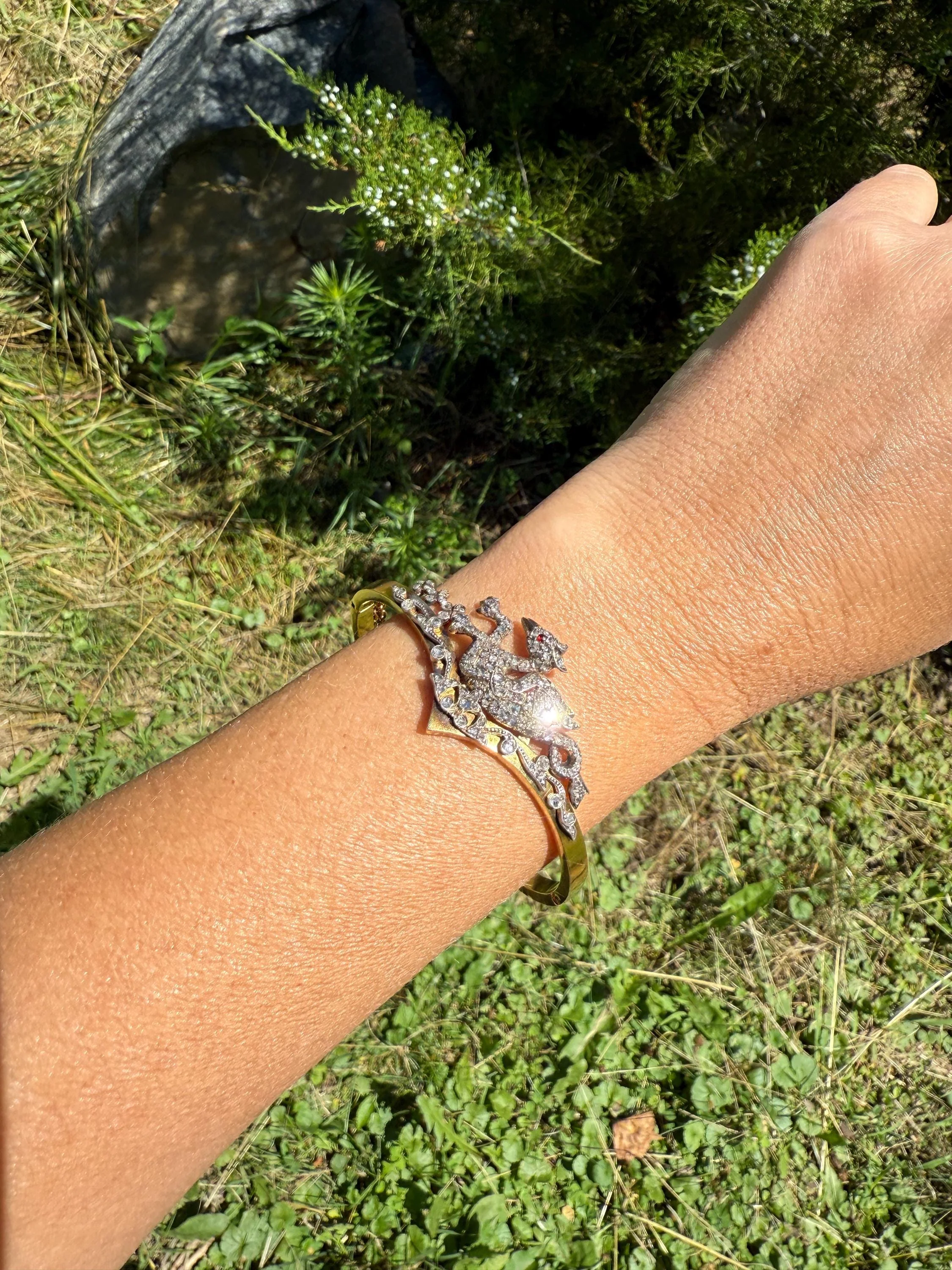 DRAGON Rare One of a Kind Antique Figural 130+ Rose Cut Diamond BANGLE Bracelet French Victorian 18k Gold Silver Chimera Phoenix - Image 4