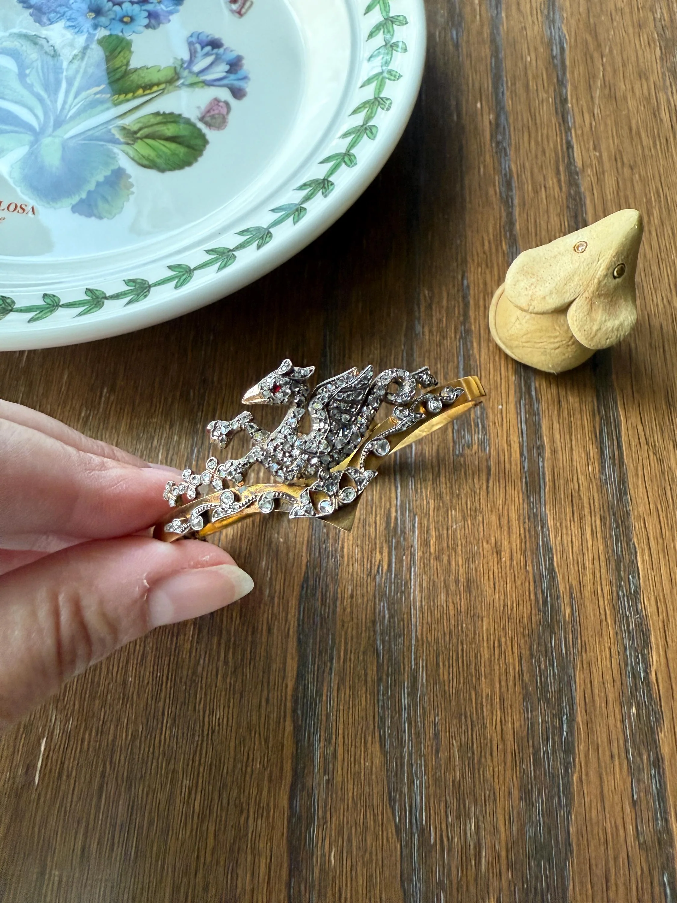 DRAGON Rare One of a Kind Antique Figural 130+ Rose Cut Diamond BANGLE Bracelet French Victorian 18k Gold Silver Chimera Phoenix - Image 5