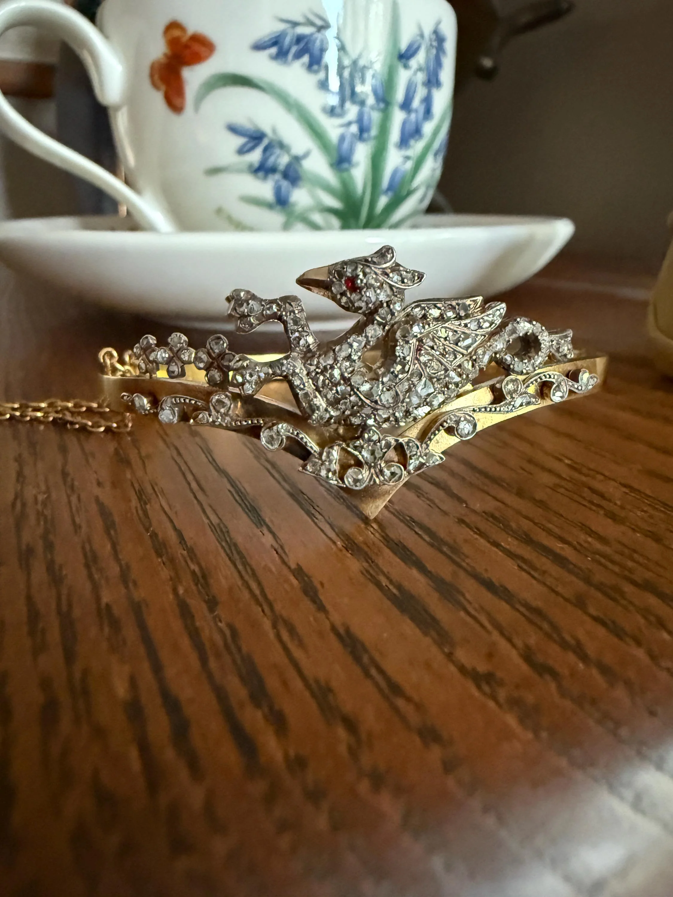 DRAGON Rare One of a Kind Antique Figural 130+ Rose Cut Diamond BANGLE Bracelet French Victorian 18k Gold Silver Chimera Phoenix - Image 6