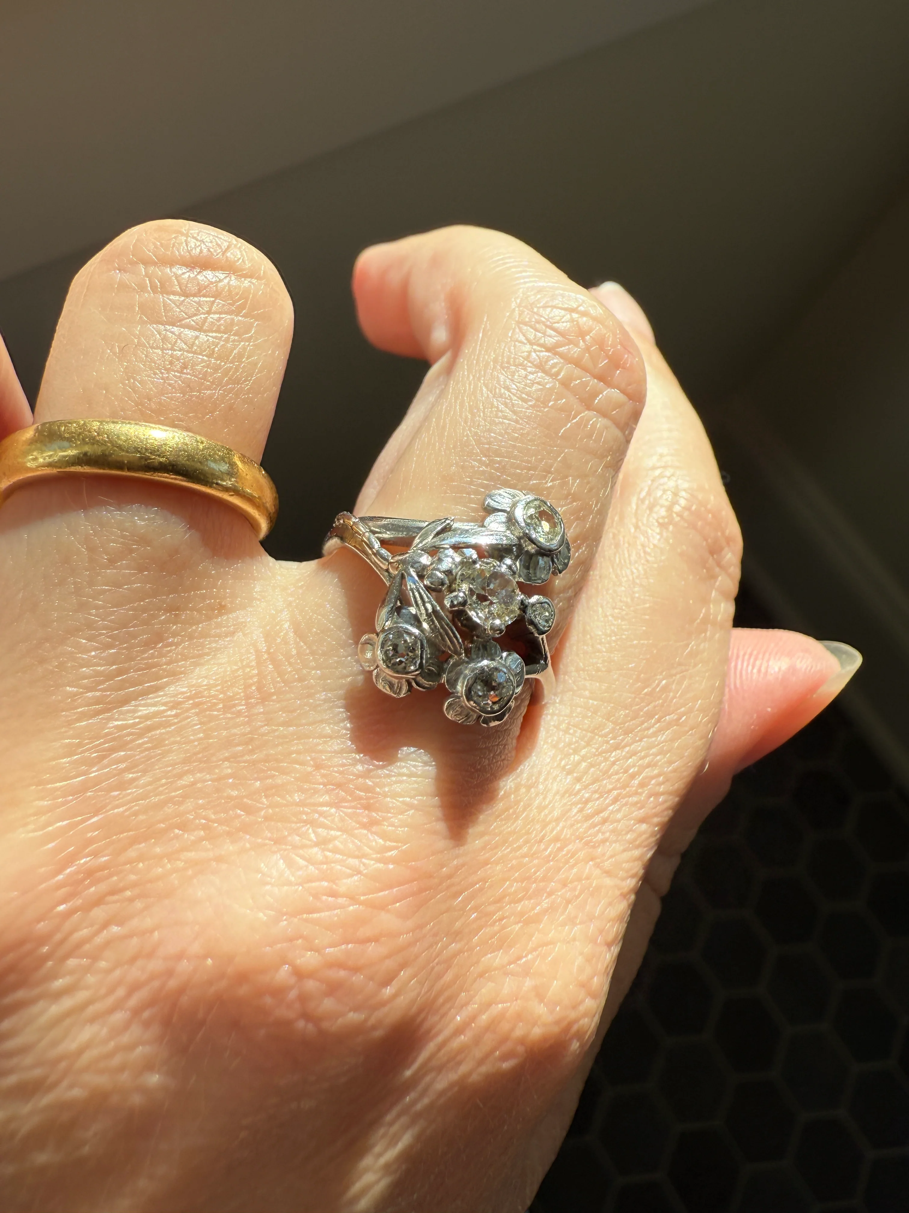 DRAGONFLY Special Dated 1922 Antique Ring 0.7 Carat Old Mine Cut DIAMONDS 18k White Gold Figural Flower Bouquet French Art Deco - Image 14