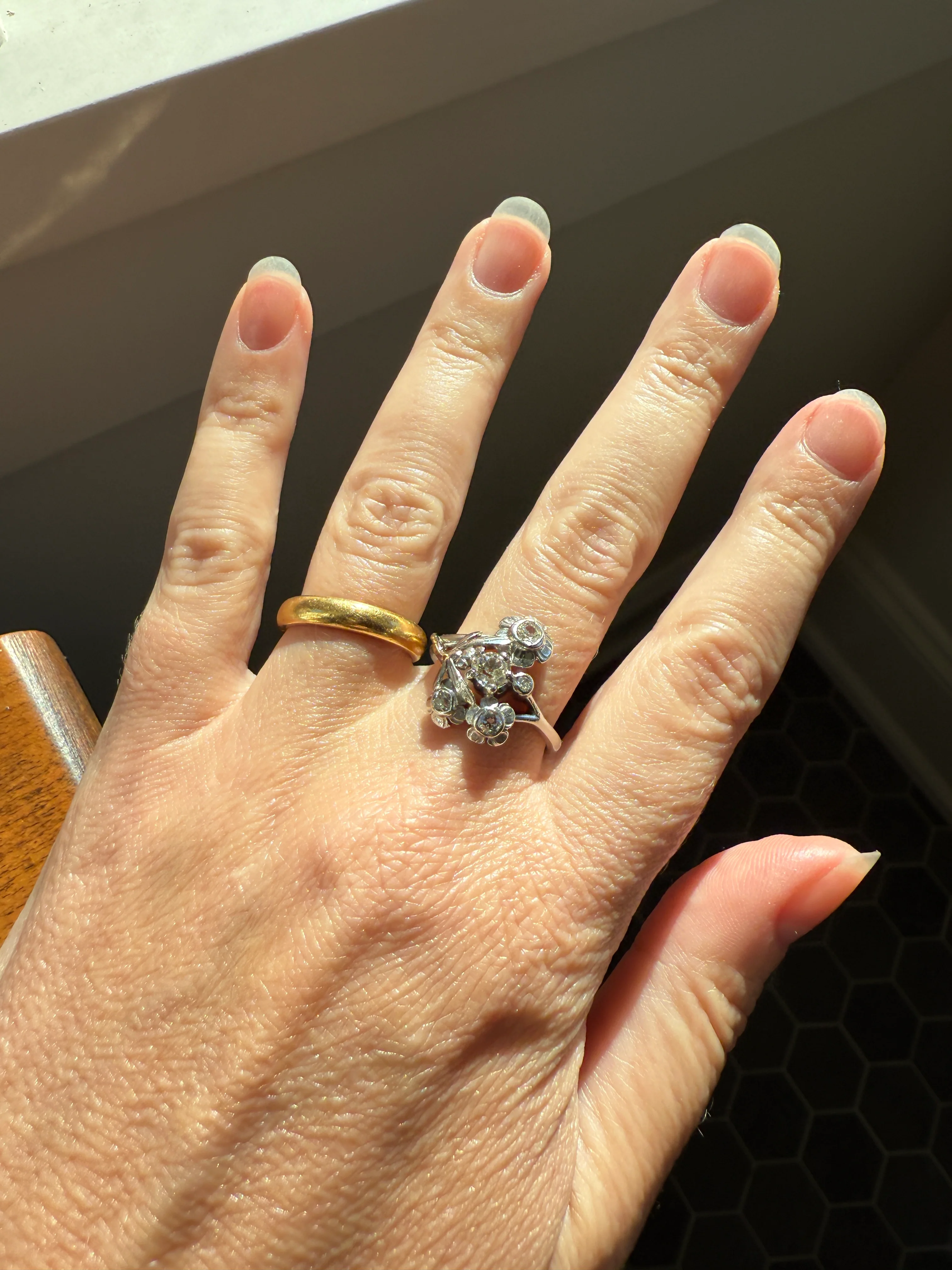 DRAGONFLY Special Dated 1922 Antique Ring 0.7 Carat Old Mine Cut DIAMONDS 18k White Gold Figural Flower Bouquet French Art Deco - Image 15