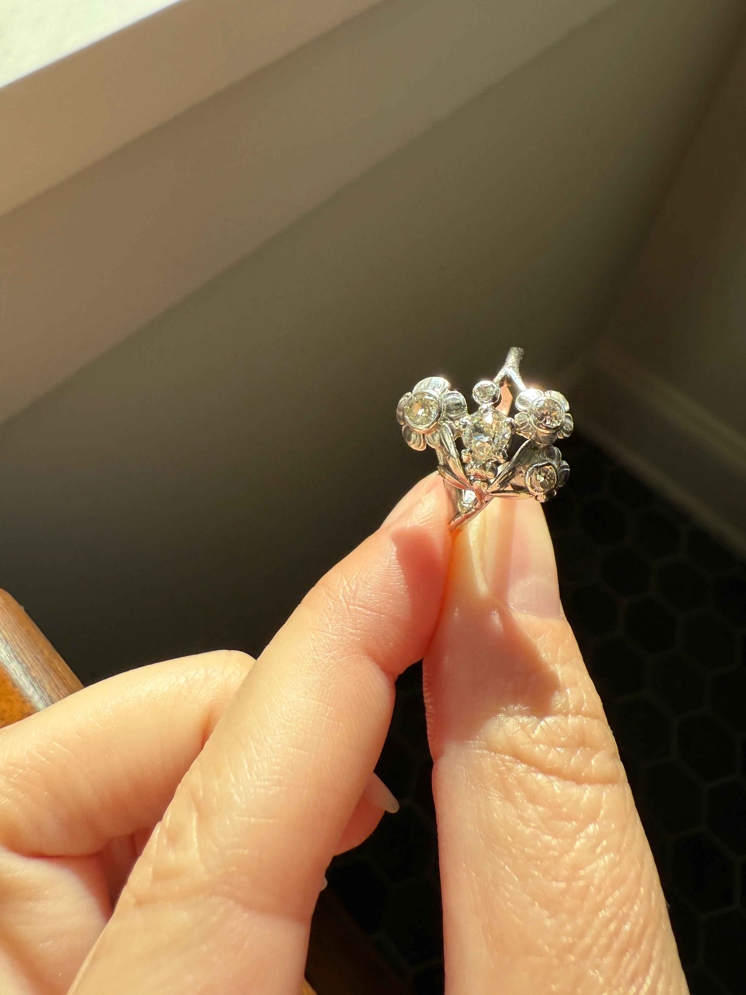 DRAGONFLY Special Dated 1922 Antique Ring 0.7 Carat Old Mine Cut DIAMONDS 18k White Gold Figural Flower Bouquet French Art Deco - Image 16