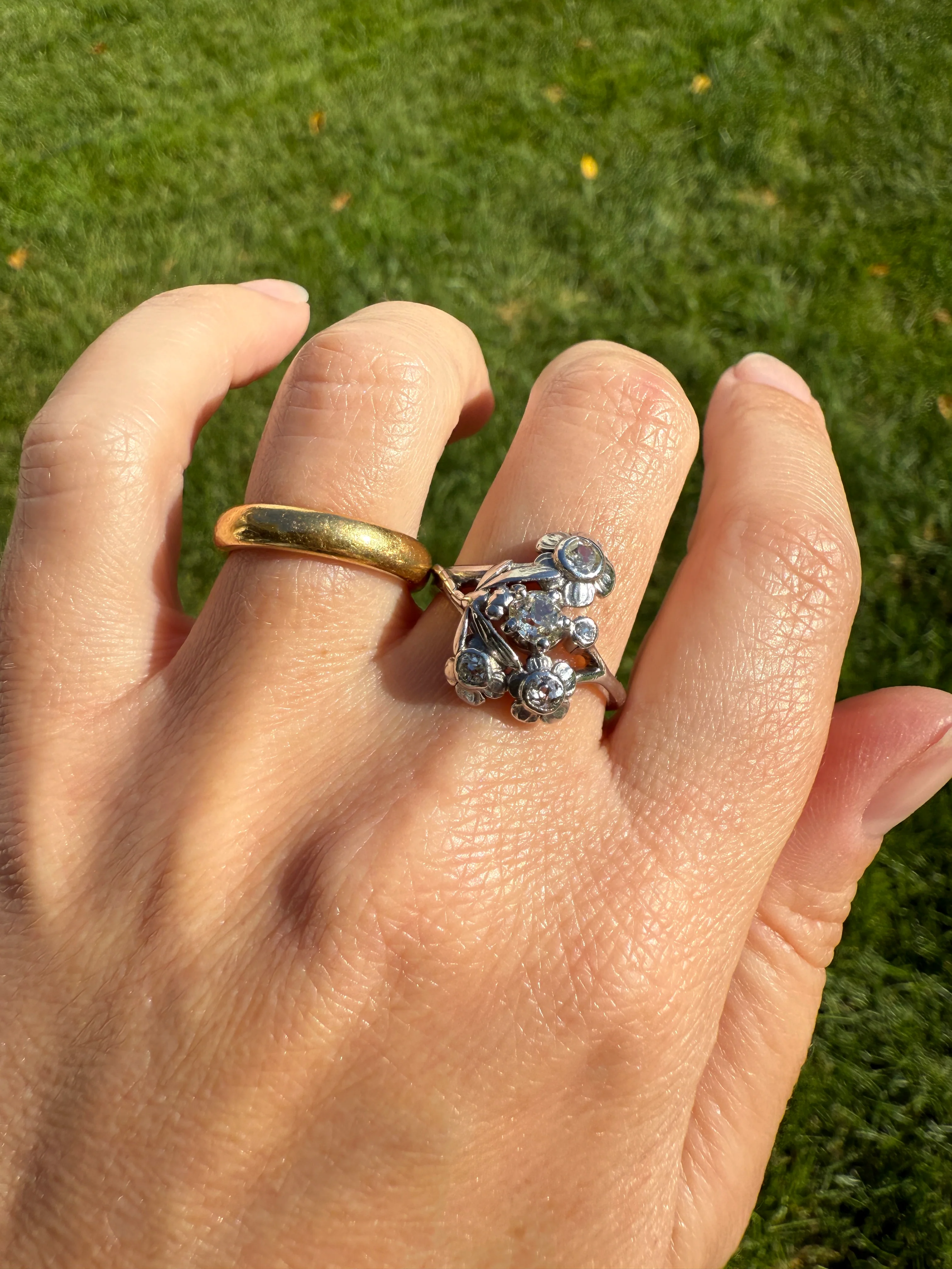 DRAGONFLY Special Dated 1922 Antique Ring 0.7 Carat Old Mine Cut DIAMONDS 18k White Gold Figural Flower Bouquet French Art Deco - Image 20