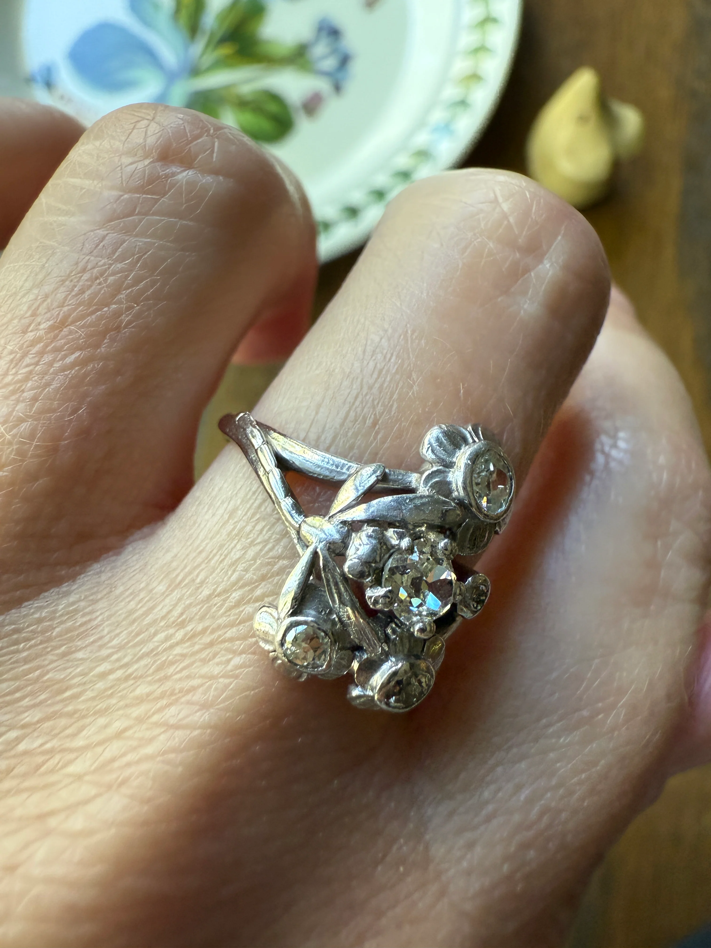 DRAGONFLY Special Dated 1922 Antique Ring 0.7 Carat Old Mine Cut DIAMONDS 18k White Gold Figural Flower Bouquet French Art Deco - Image 21