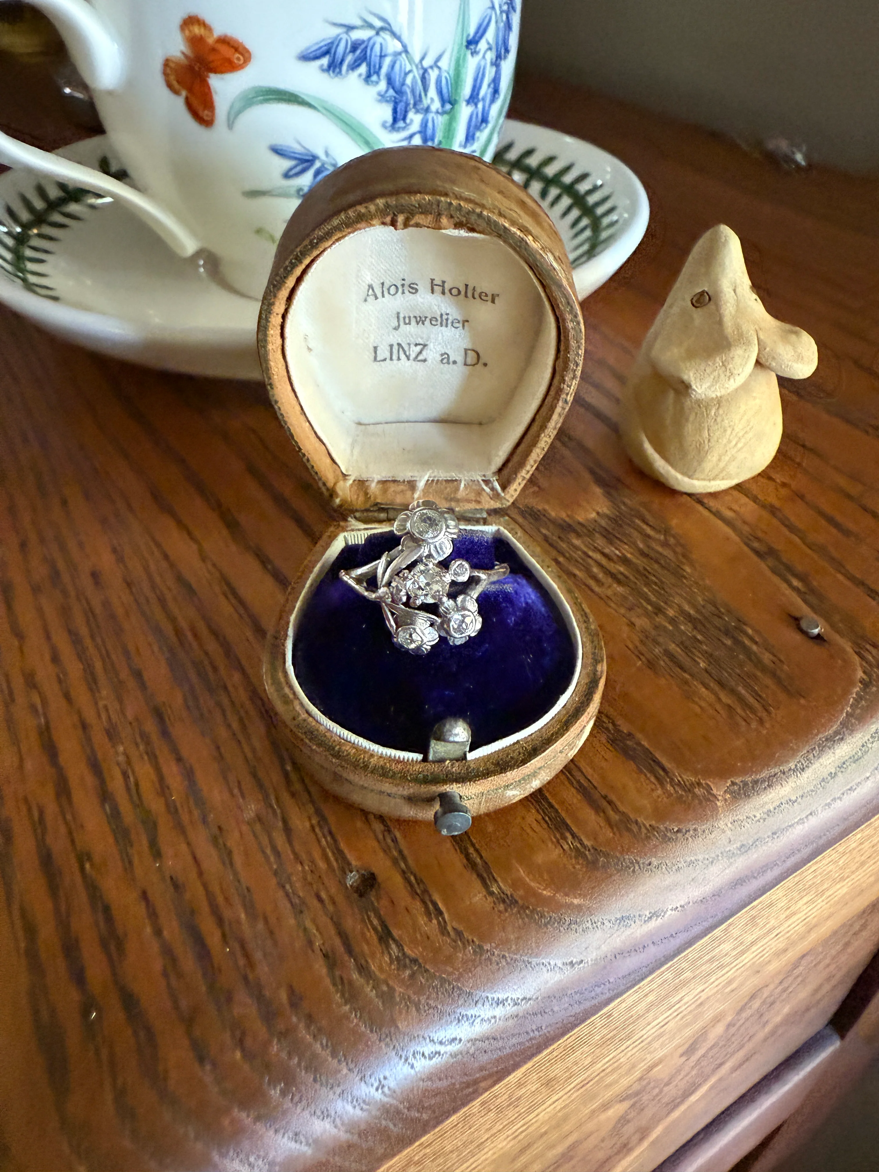 DRAGONFLY Special Dated 1922 Antique Ring 0.7 Carat Old Mine Cut DIAMONDS 18k White Gold Figural Flower Bouquet French Art Deco - Image 23