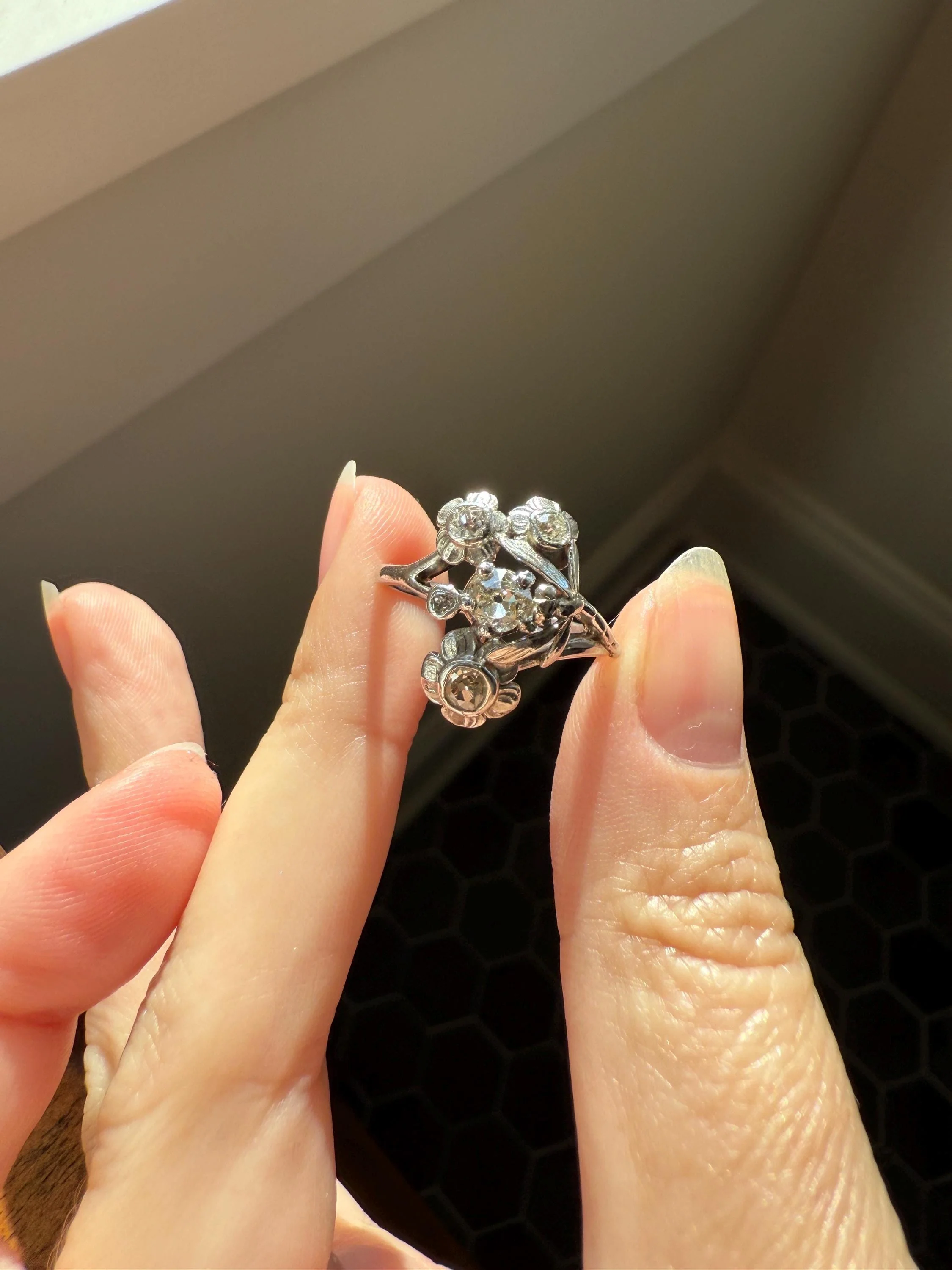 DRAGONFLY Special Dated 1922 Antique Ring 0.7 Carat Old Mine Cut DIAMONDS 18k White Gold Figural Flower Bouquet French Art Deco - Image 5