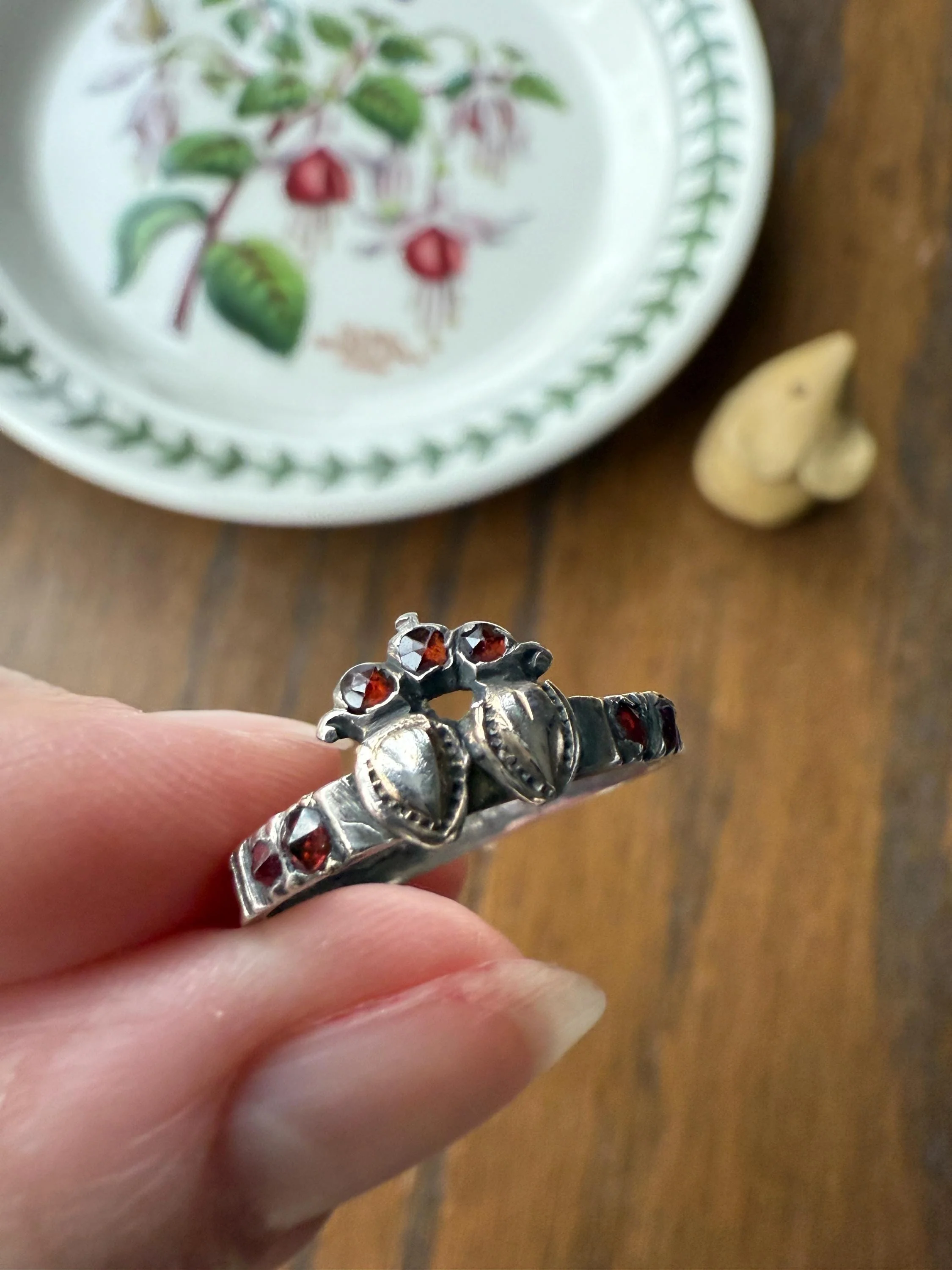 Duchess Anne Victorian Antique Crowned Two Hearts Garnets French Betrothal Ring Solid Silver Figural Traditional Engagement Unique Stacker - Image 11
