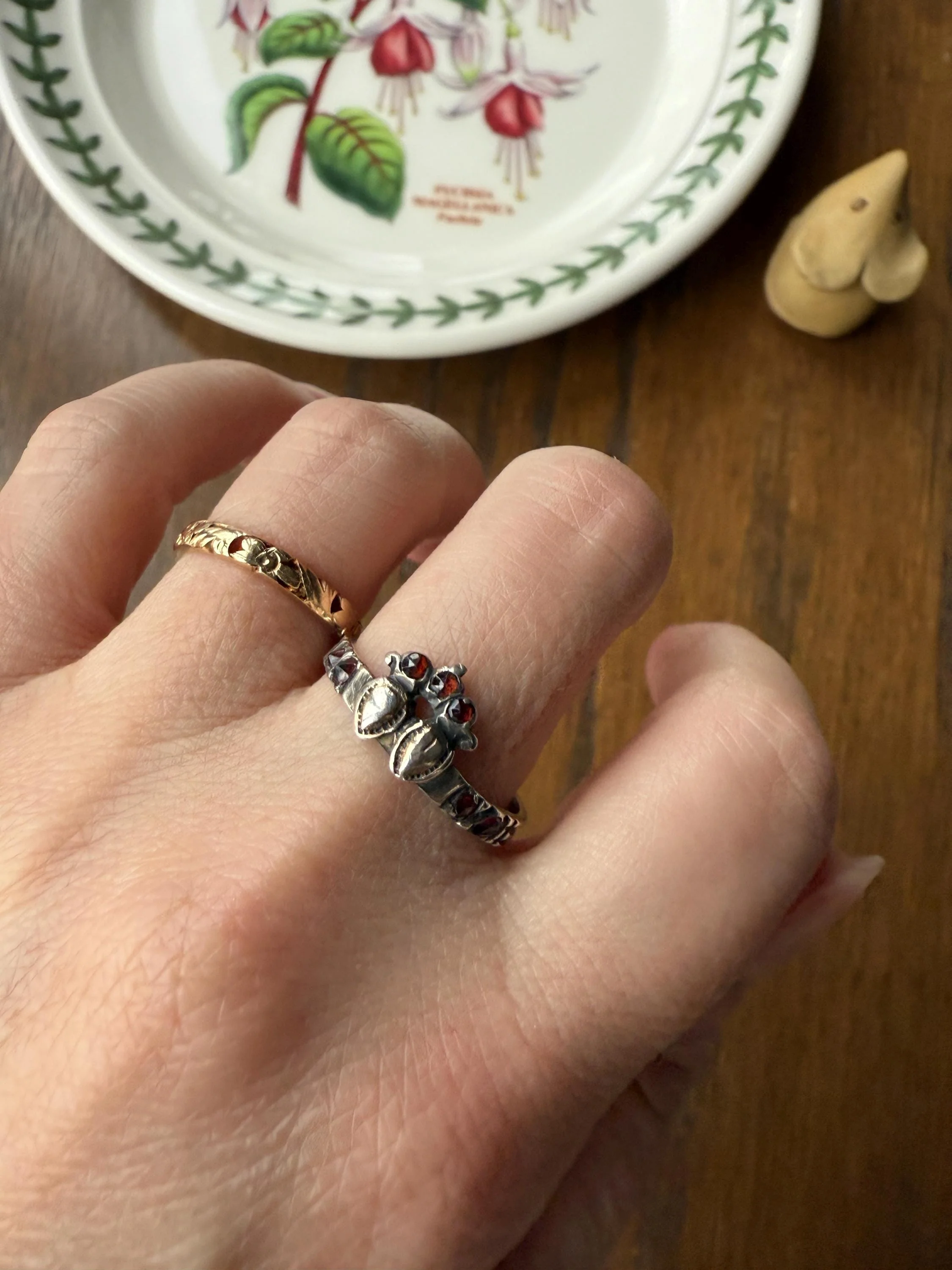Duchess Anne Victorian Antique Crowned Two Hearts Garnets French Betrothal Ring Solid Silver Figural Traditional Engagement Unique Stacker - Image 2