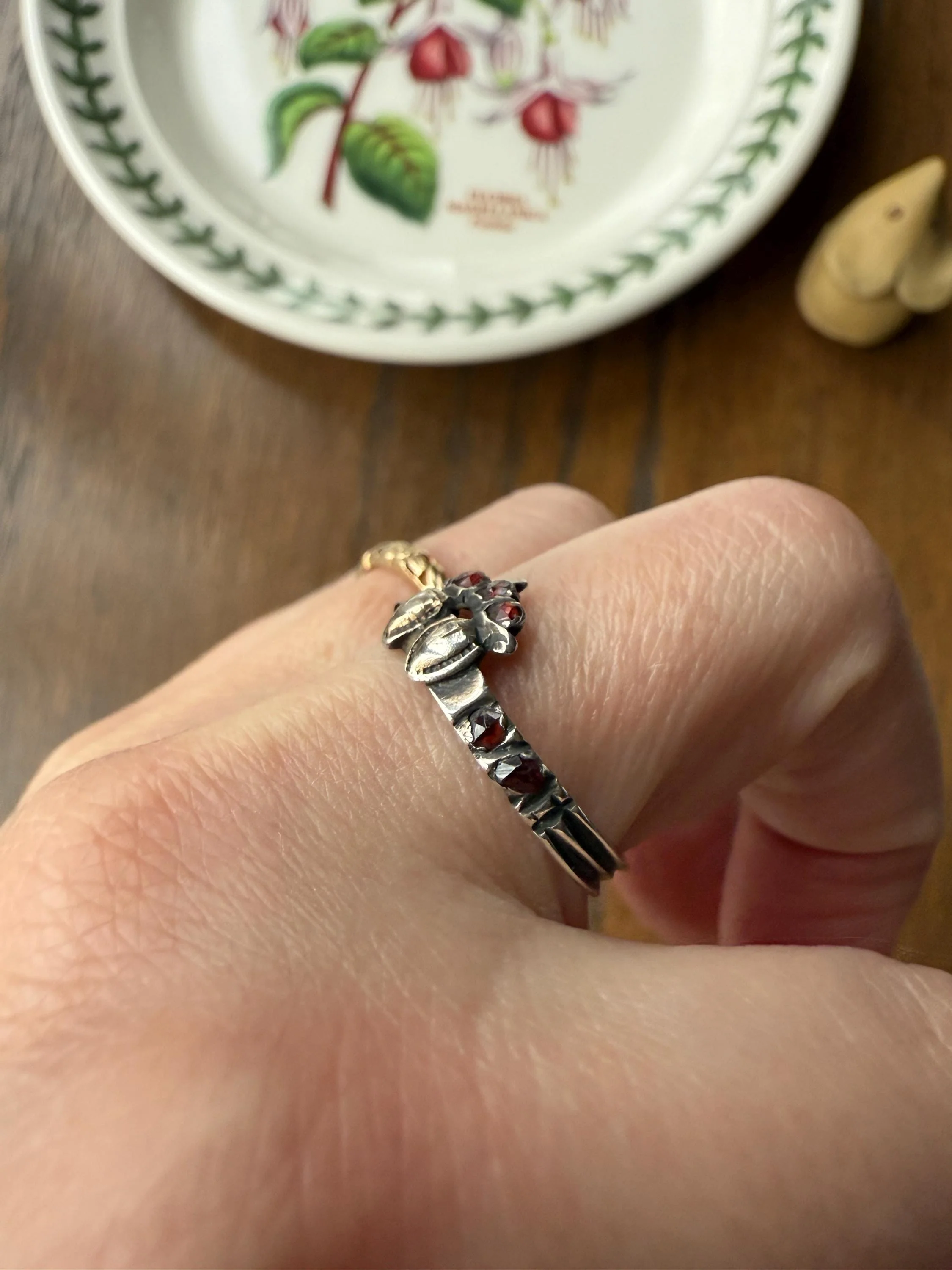 Duchess Anne Victorian Antique Crowned Two Hearts Garnets French Betrothal Ring Solid Silver Figural Traditional Engagement Unique Stacker - Image 4