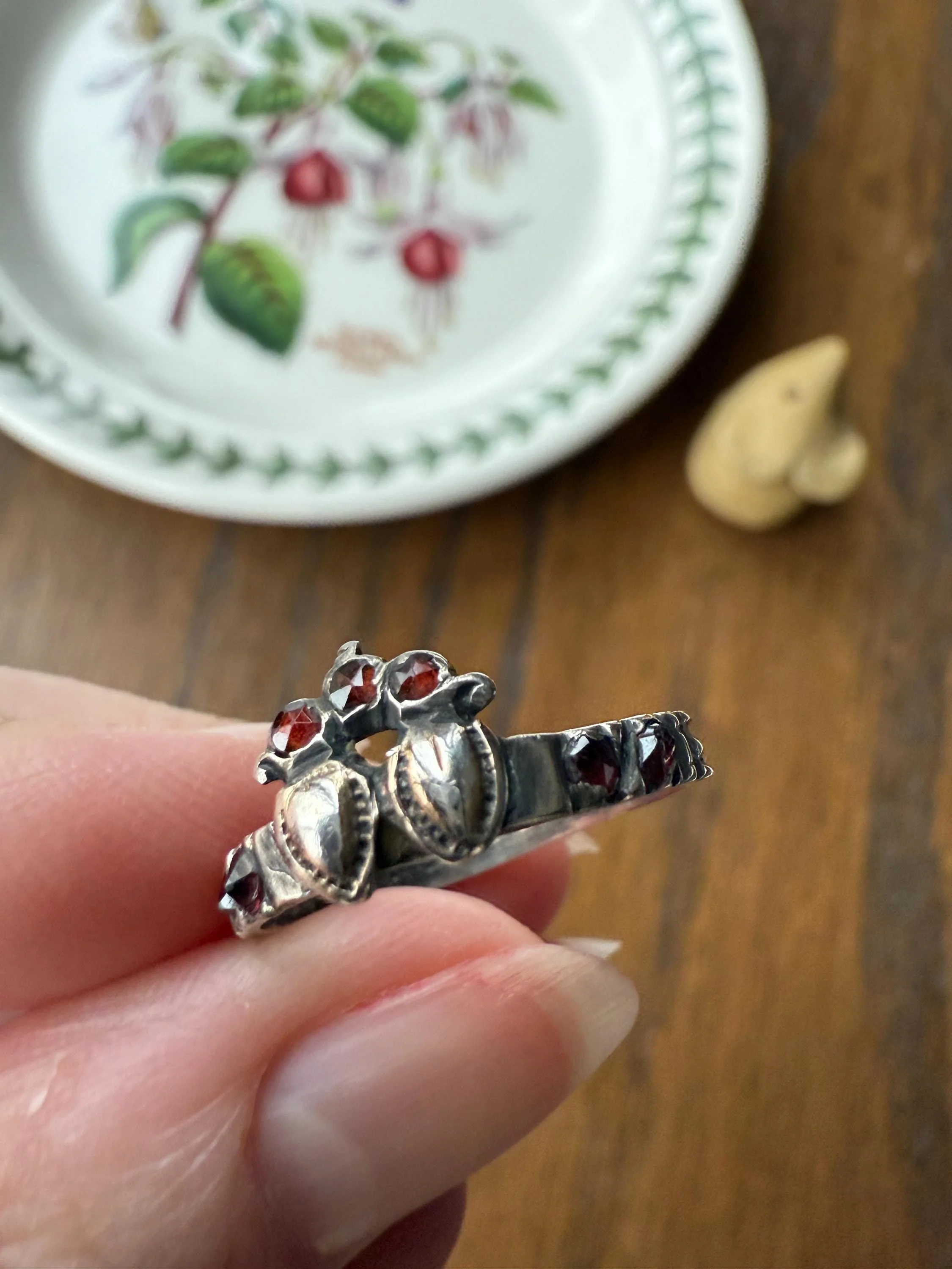 Duchess Anne Victorian Antique Crowned Two Hearts Garnets French Betrothal Ring Solid Silver Figural Traditional Engagement Unique Stacker - Image 5